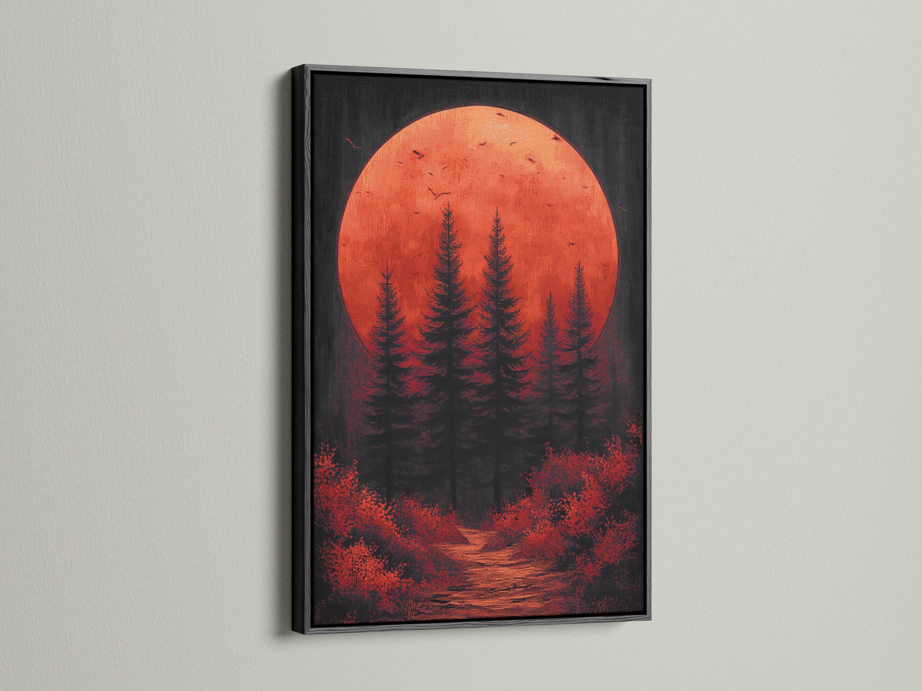 Crimson moon over dark pine forest with bird silhouettes and a winding path detail view