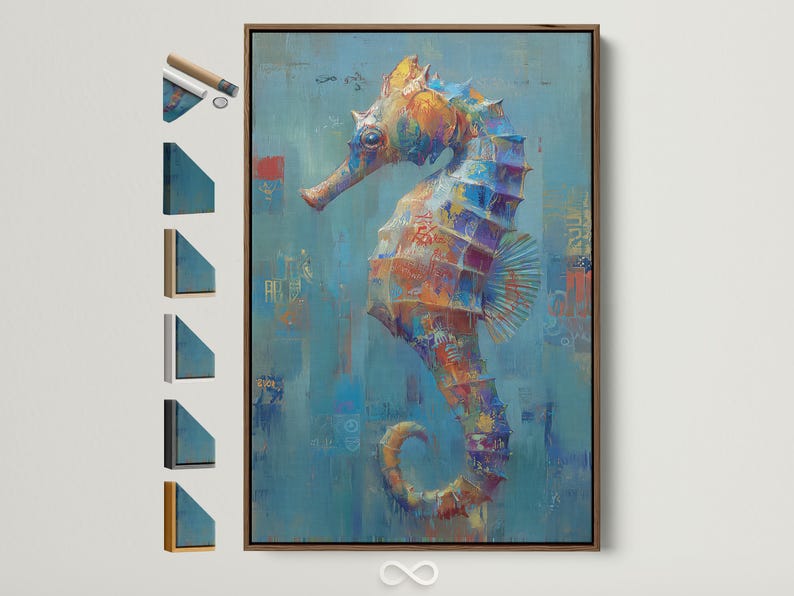 Abstract seahorse-like figure on a textured blue background with coral, purple and gold accents