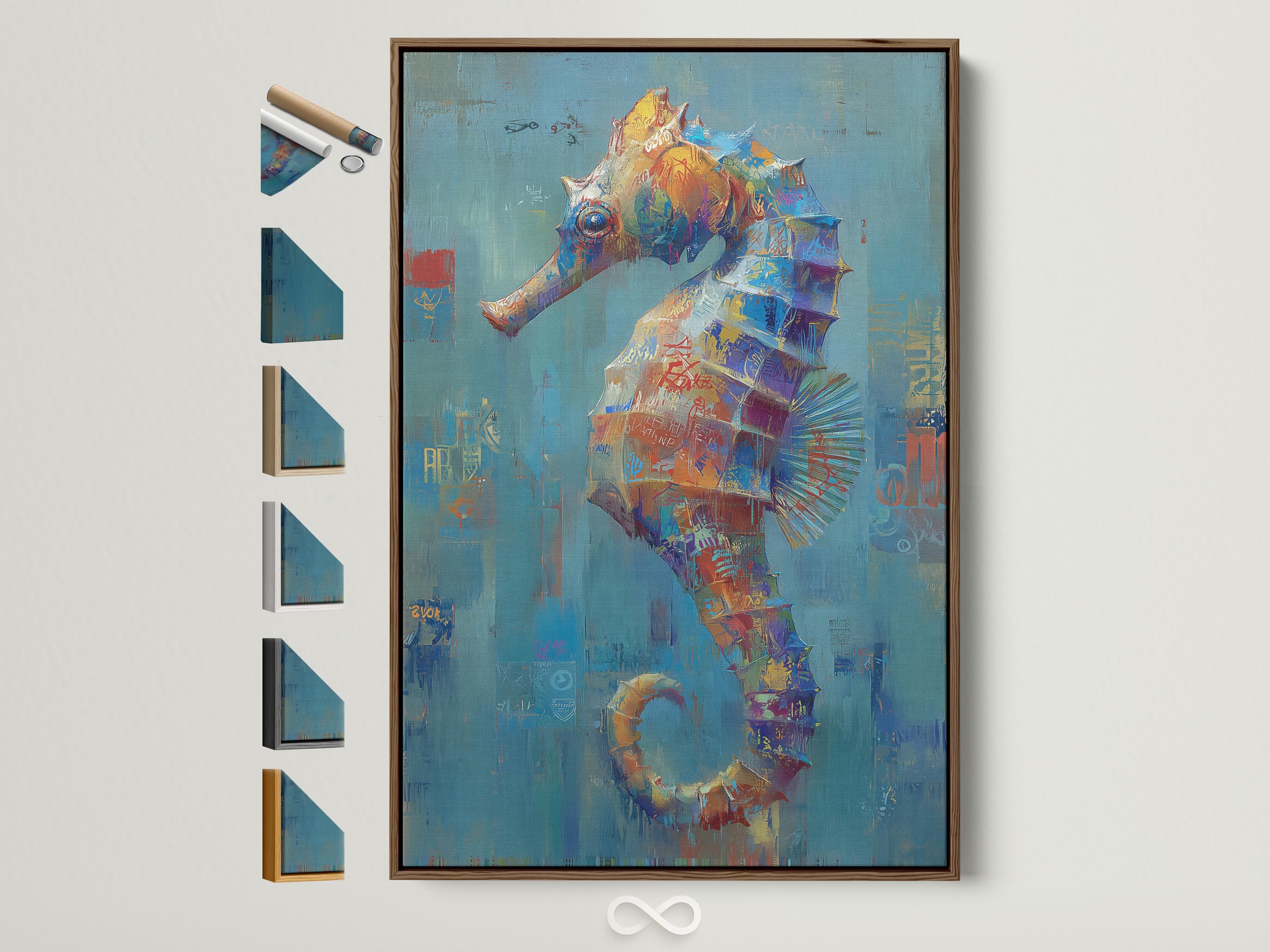 Abstract seahorse-like figure on a textured blue background with coral, purple and gold accents