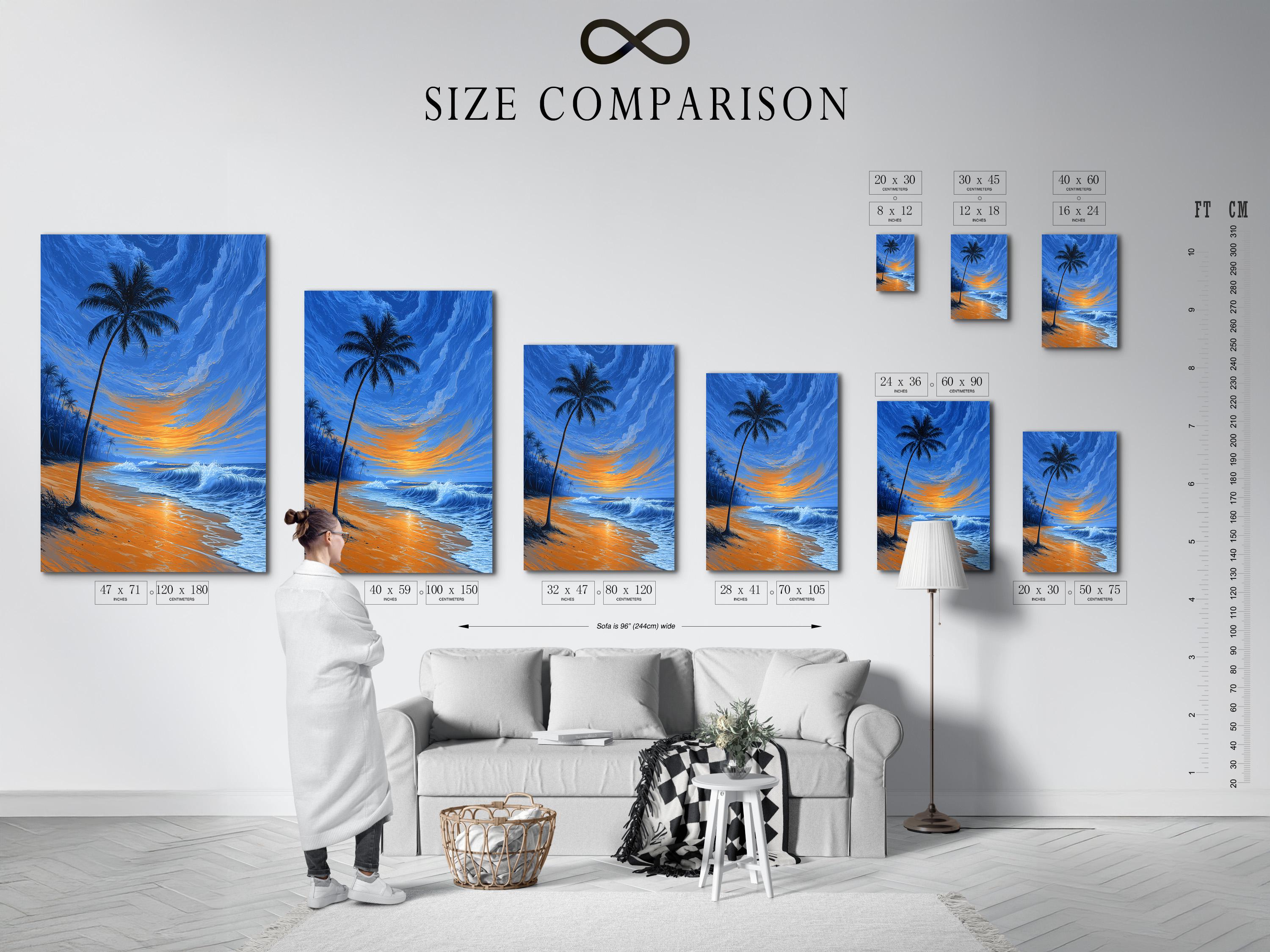 Palm tree tropical beach scene with ocean waves and a glowing sunset sky detail view
