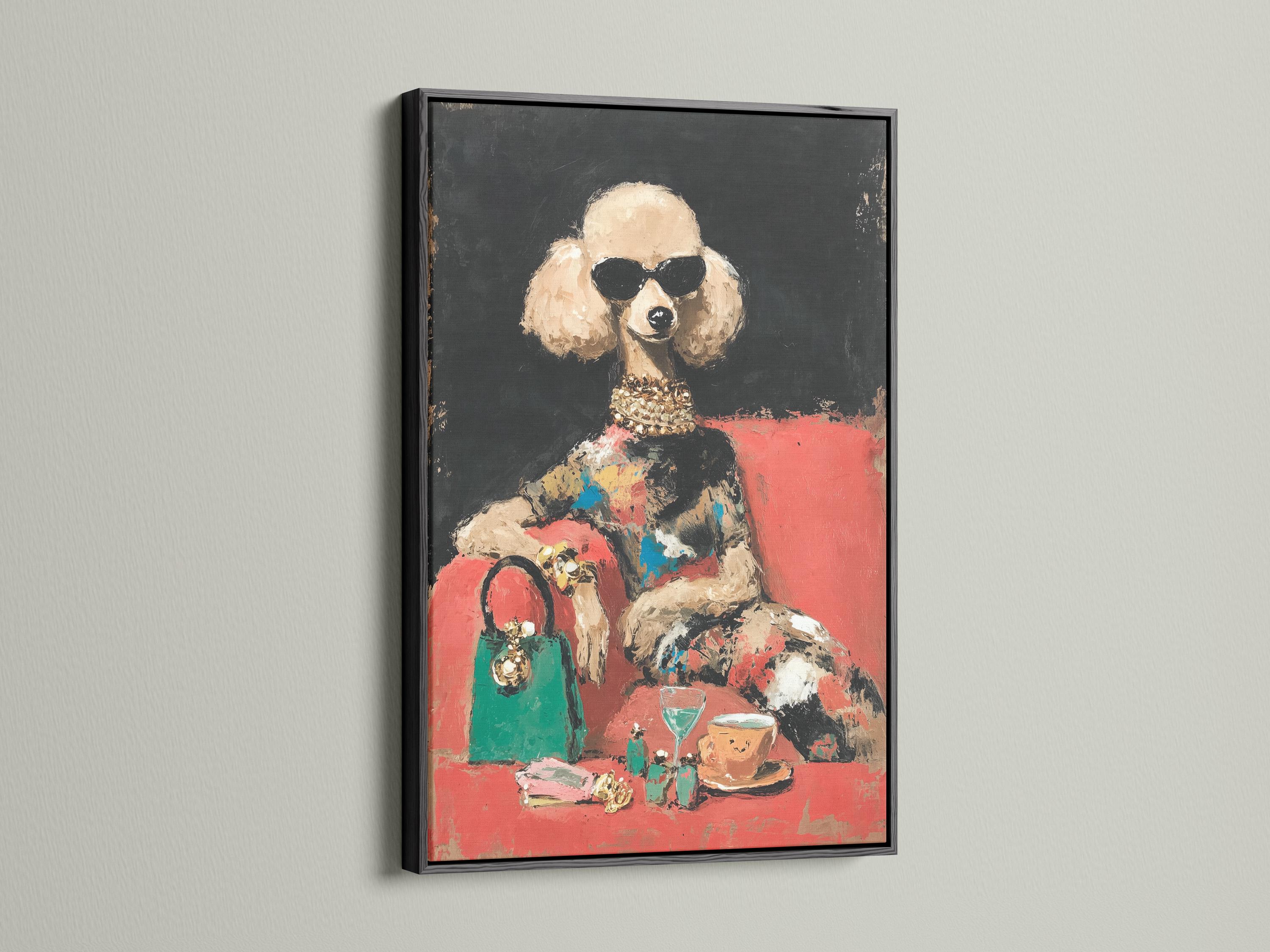 Stylised dog portrait with dark sunglasses, gold collar accents and coral and teal colour blocks detail view