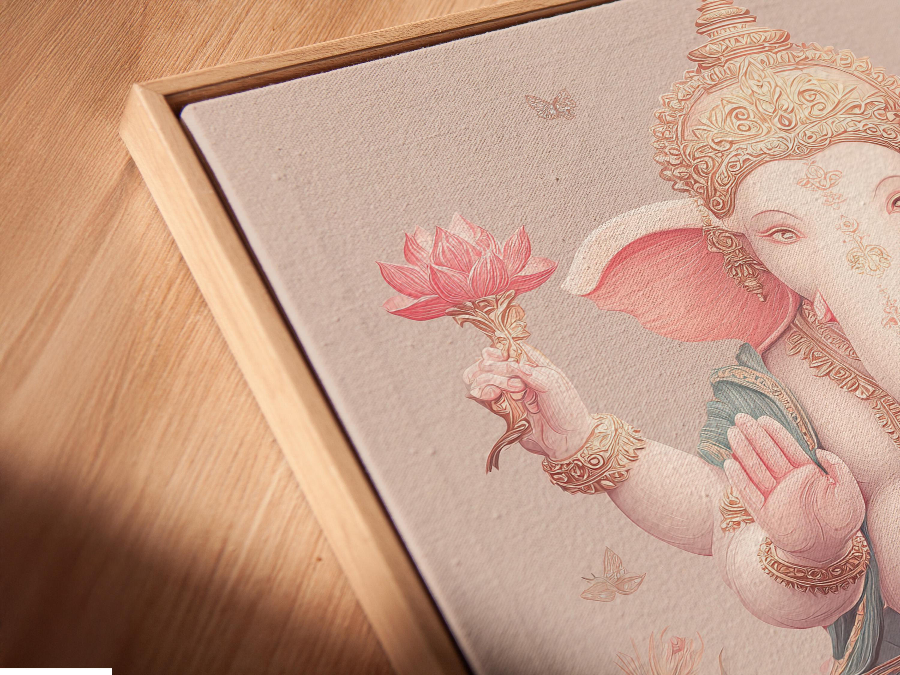 Elephant-headed deity figure with raised hands above a large pink lotus, with floral vines and butterflies detail view