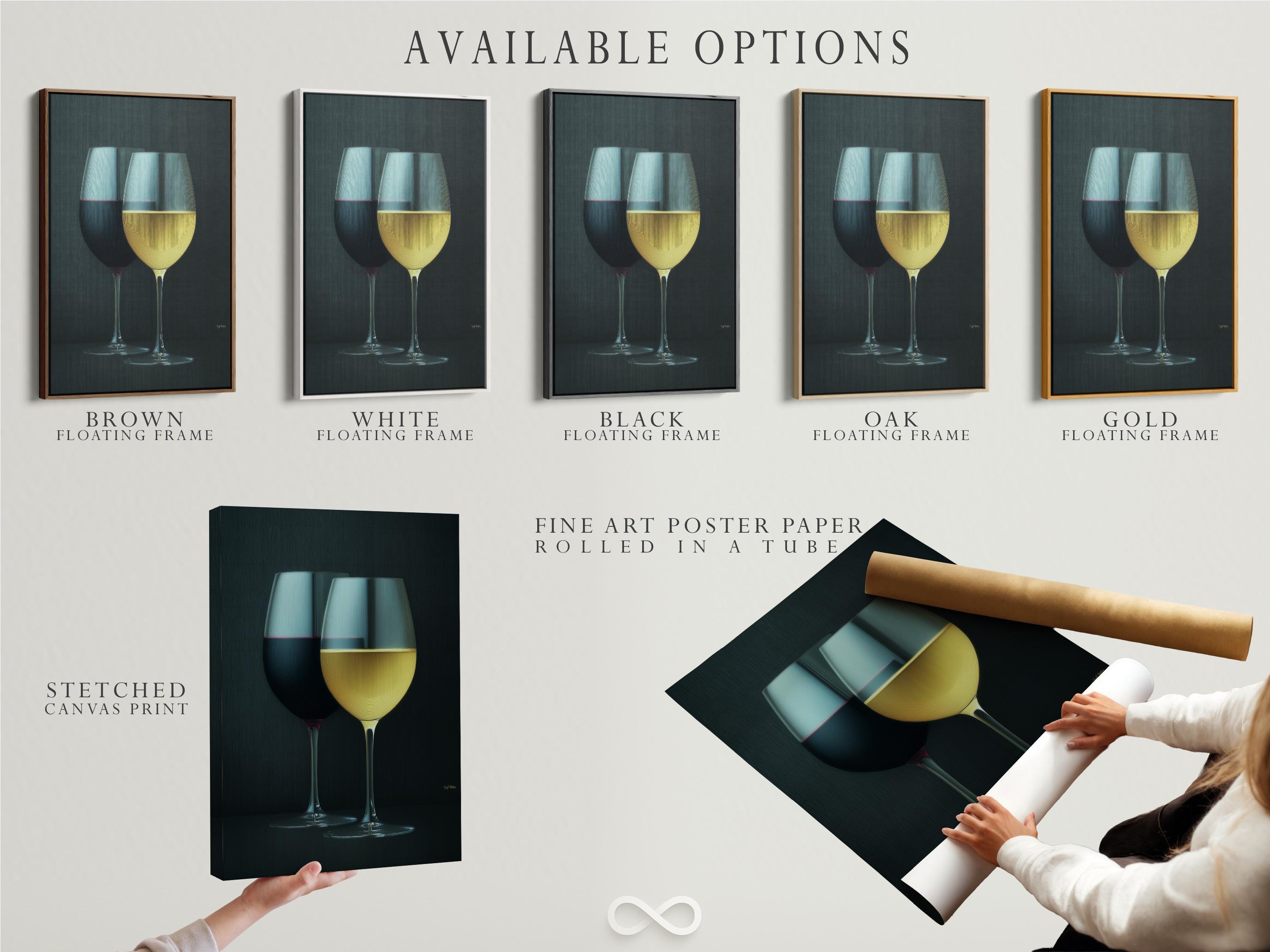 Two wine glasses with red and pale yellow drinks on a dark textured background detail view