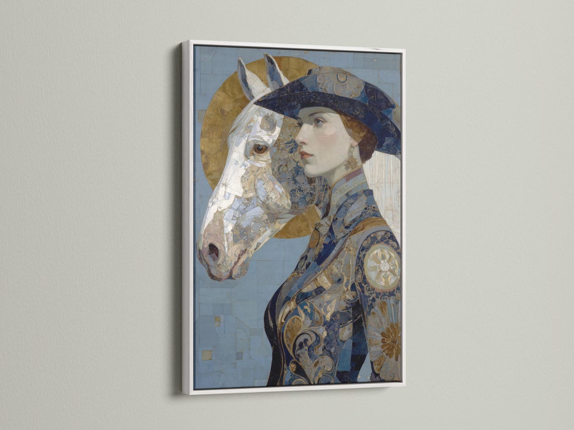 Ornamental blue and gold portrait showing a woman in profile with a horse head beside her detail view
