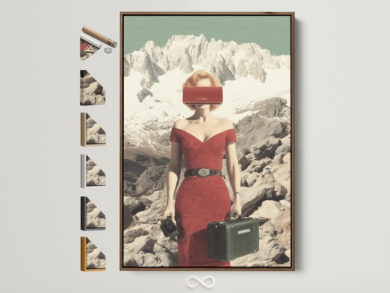 Surreal woman in a red dress standing in a snowy mountain landscape with luggage