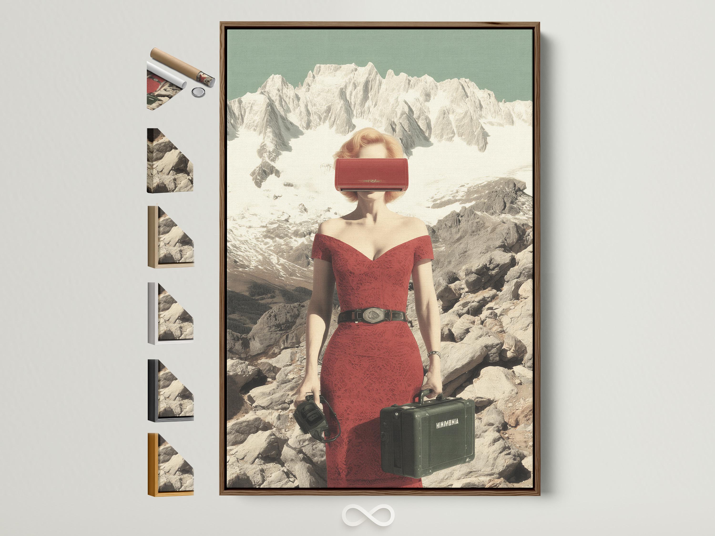 Surreal woman in a red dress standing in a snowy mountain landscape with luggage