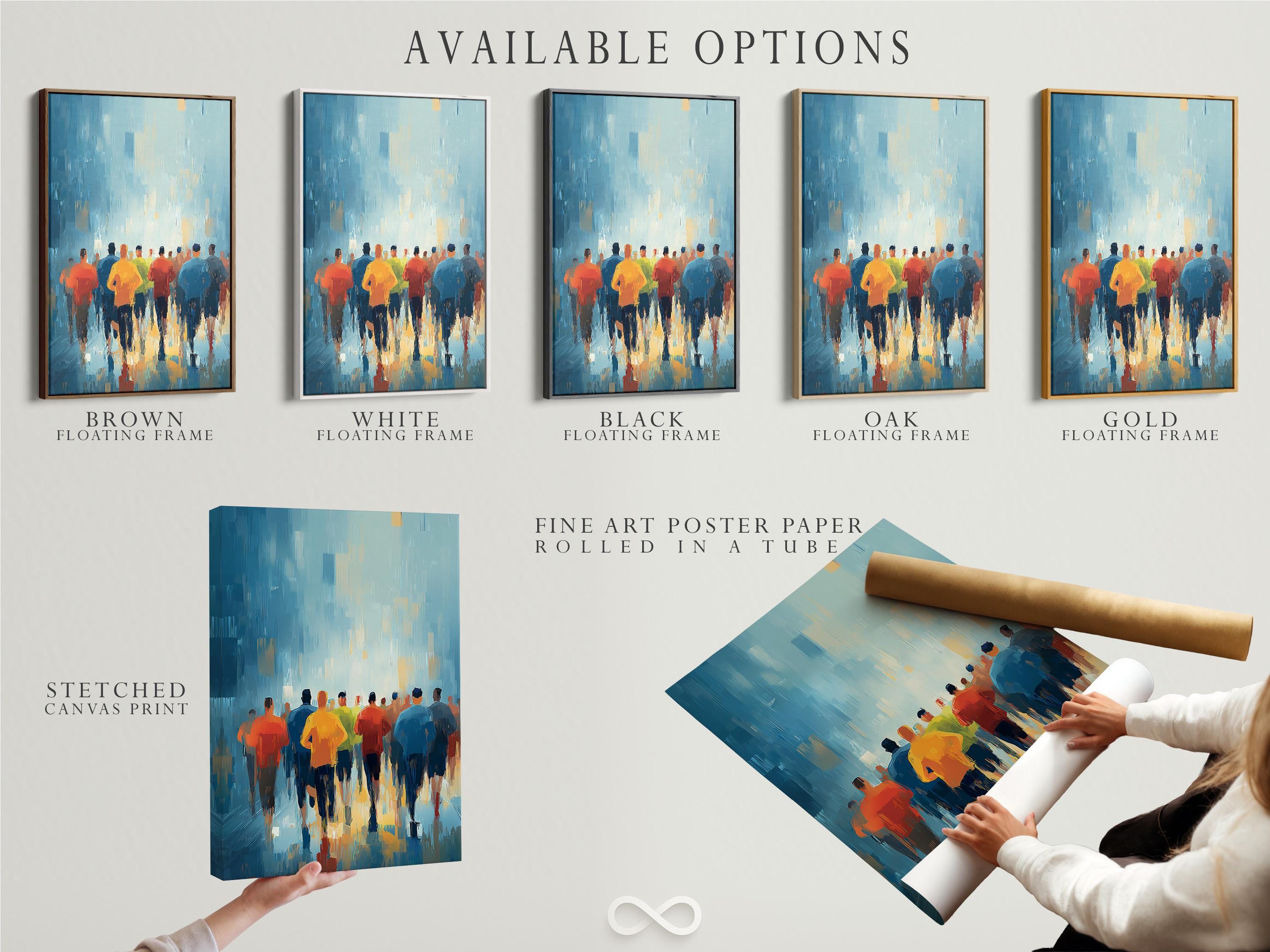 Framed artwork mockup showing stylised runners on a blue city-like background