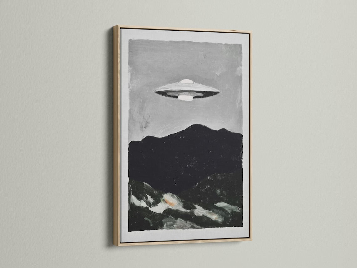 Monochrome painting of a UFO hovering above a dark mountain landscape detail view