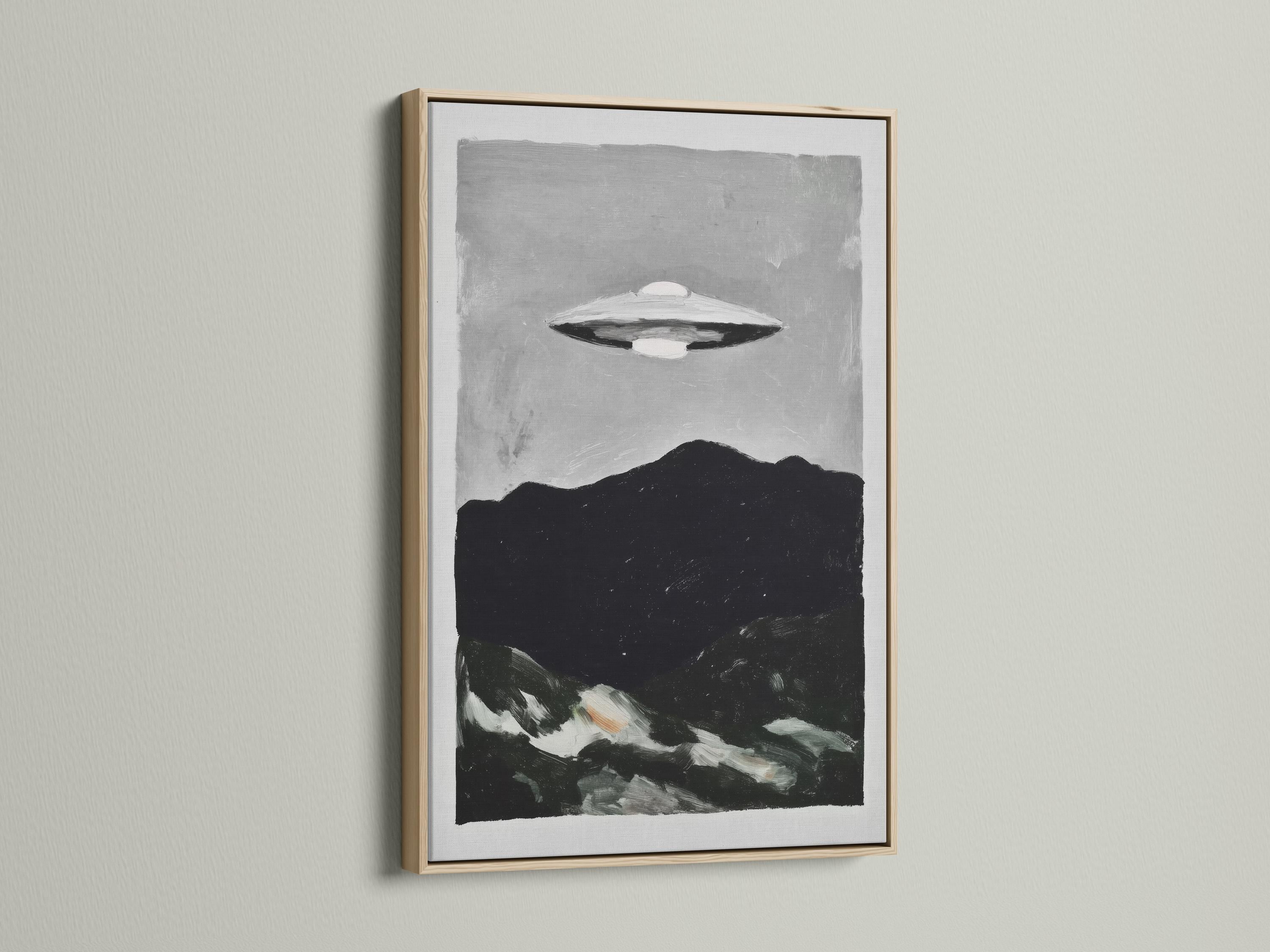 Monochrome painting of a UFO hovering above a dark mountain landscape detail view