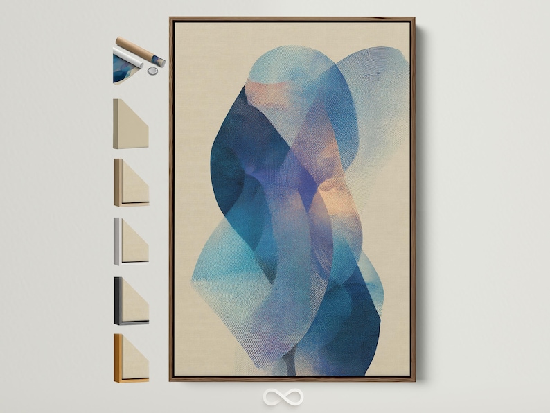 Abstract beige artwork with layered blue and teal circular shapes and a stippled texture