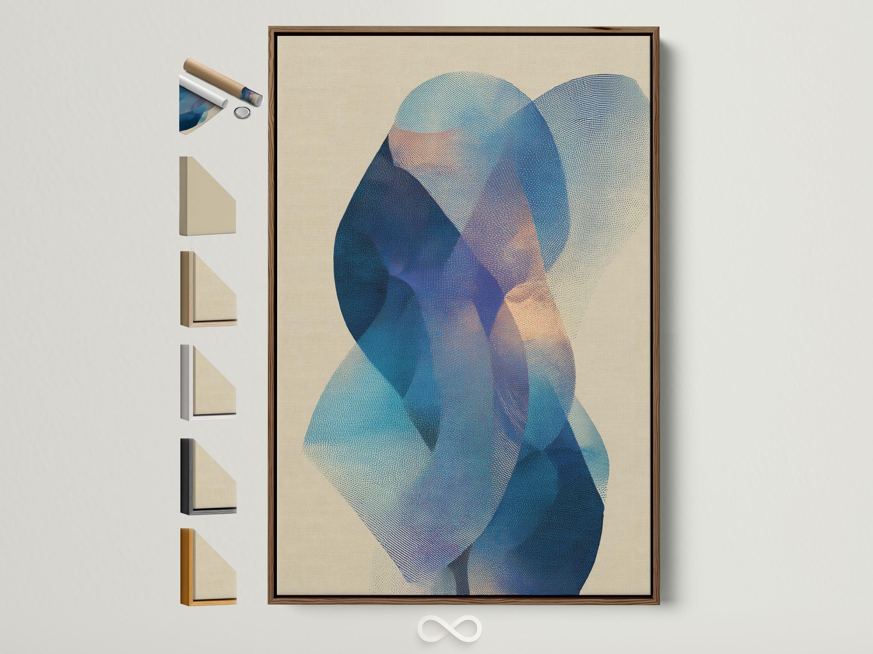 Abstract beige artwork with layered blue and teal circular shapes and a stippled texture