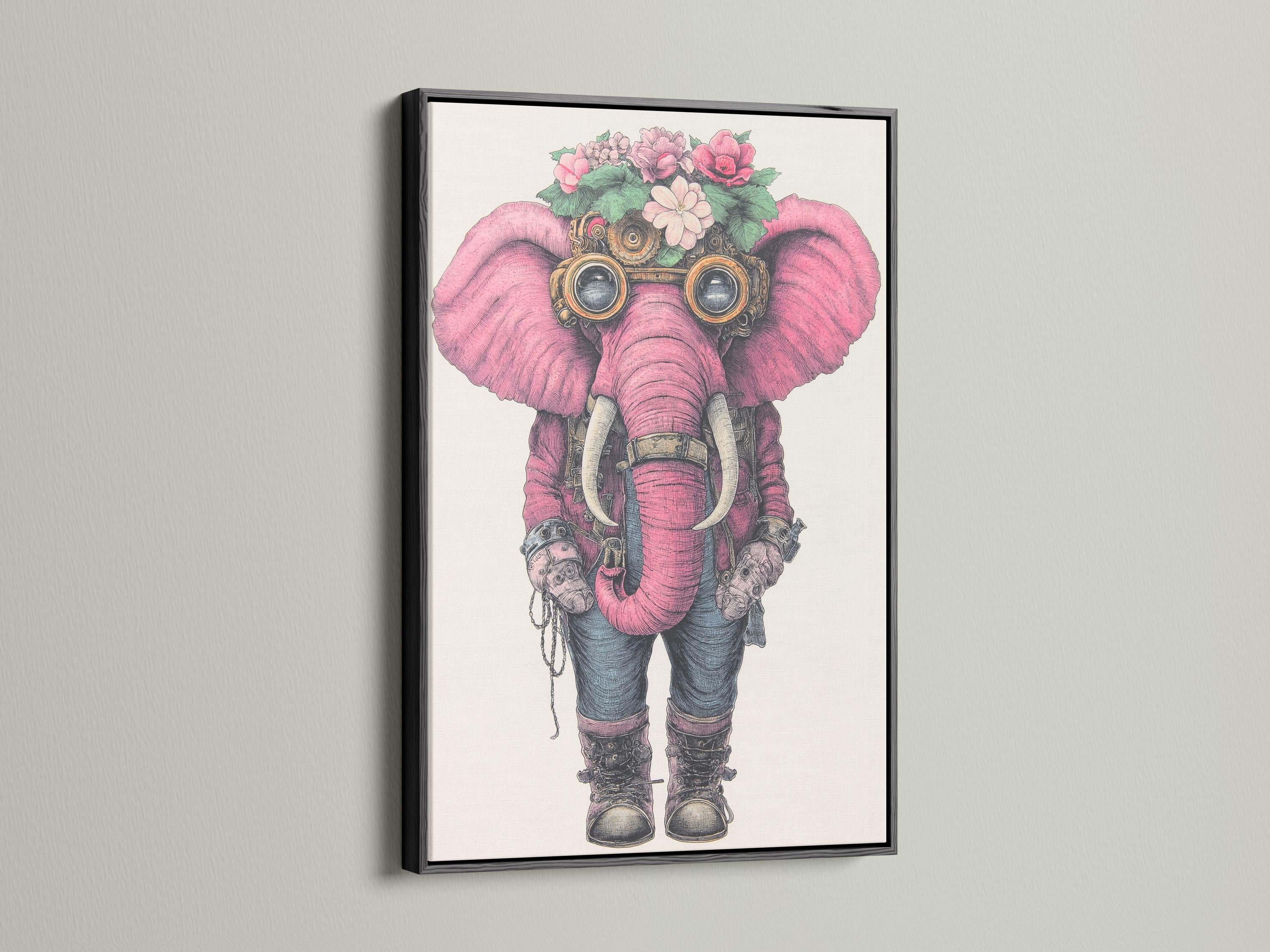 Wall art mockup showing a framed pink elephant illustration with steampunk goggles