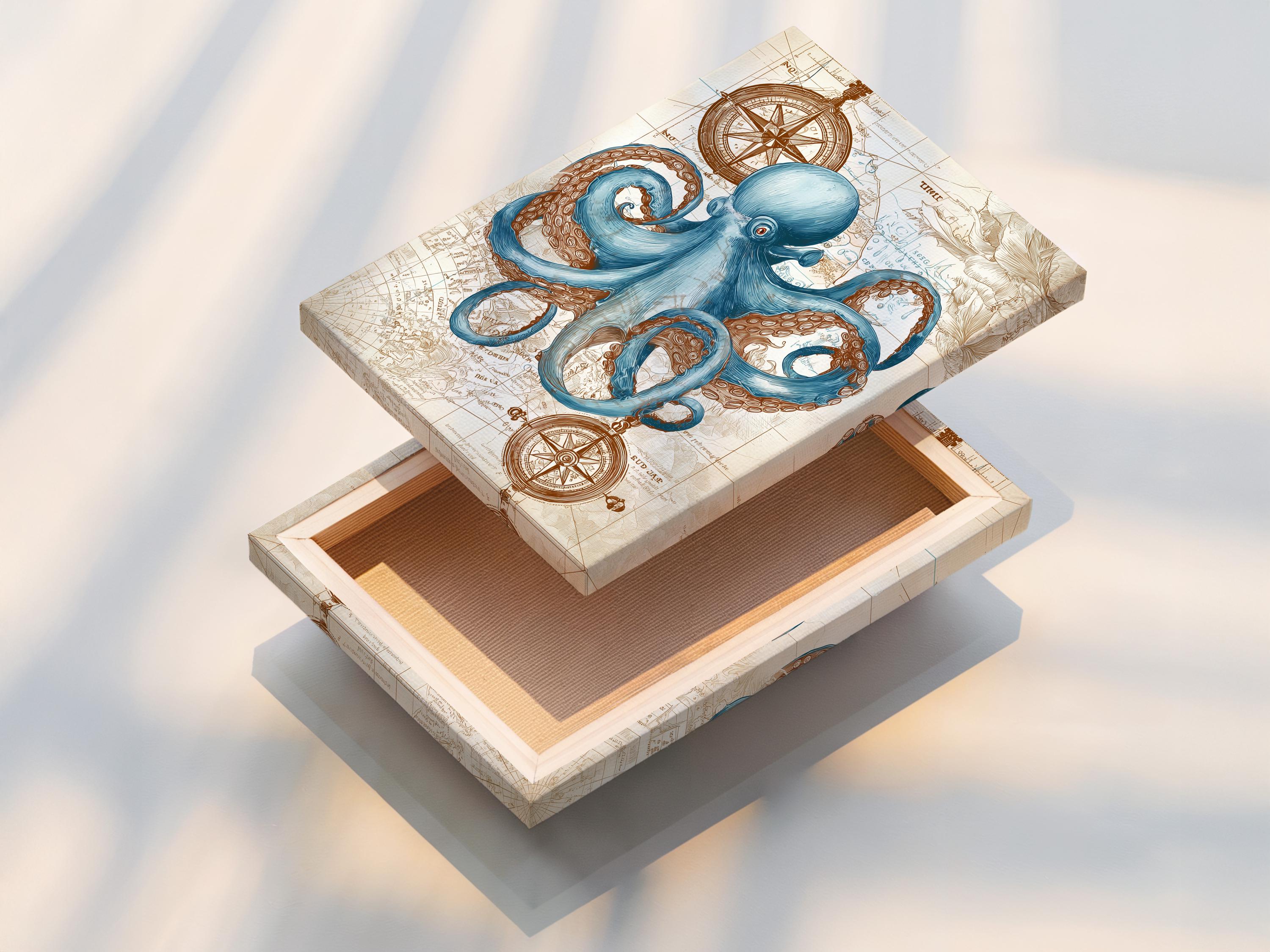 Blue octopus with curled tentacles over an antique map with compass rose motifs detail view