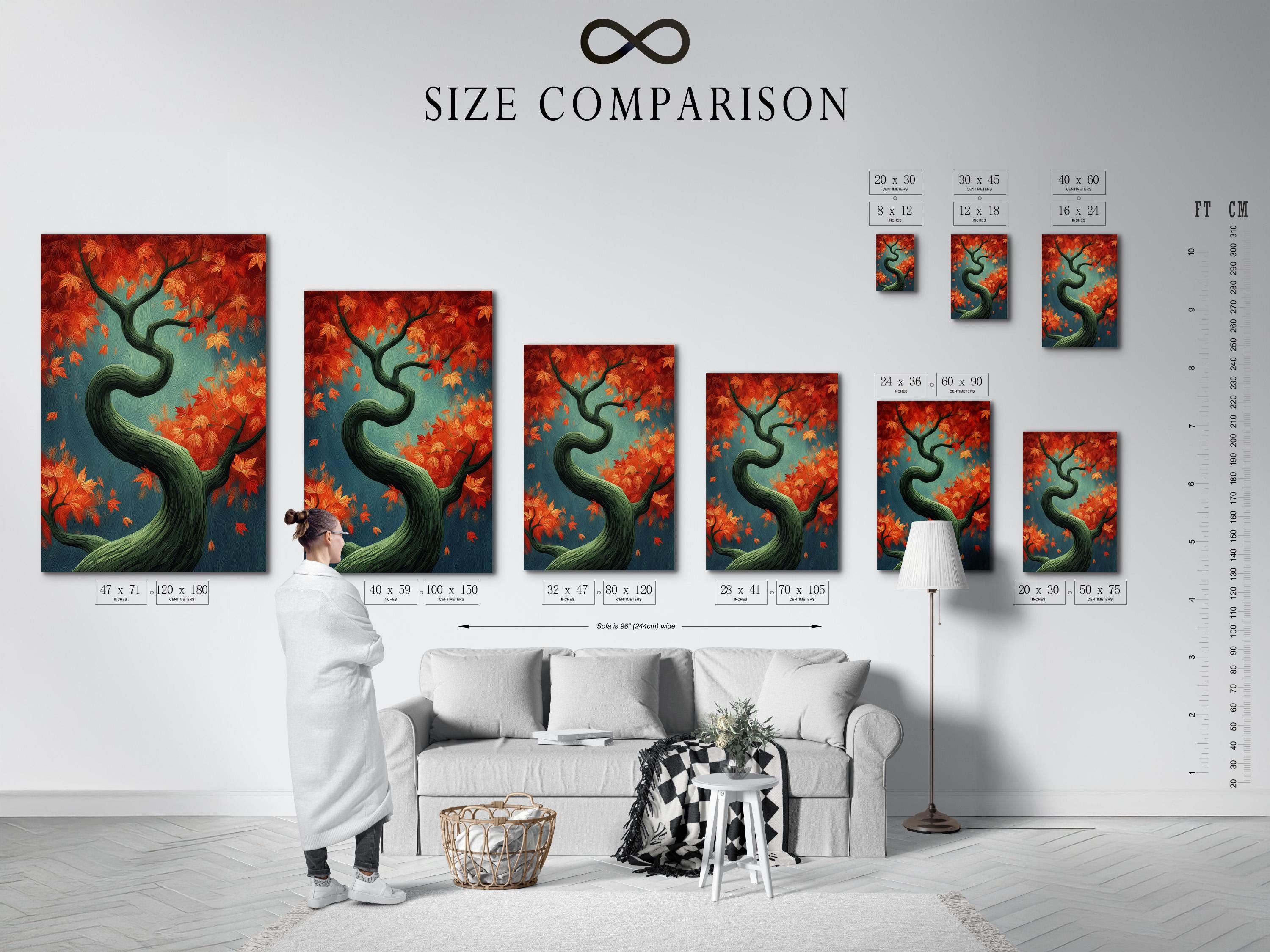 Autumn tree illustration with teal background, orange and red leaves, and a dark green twisting trunk detail view