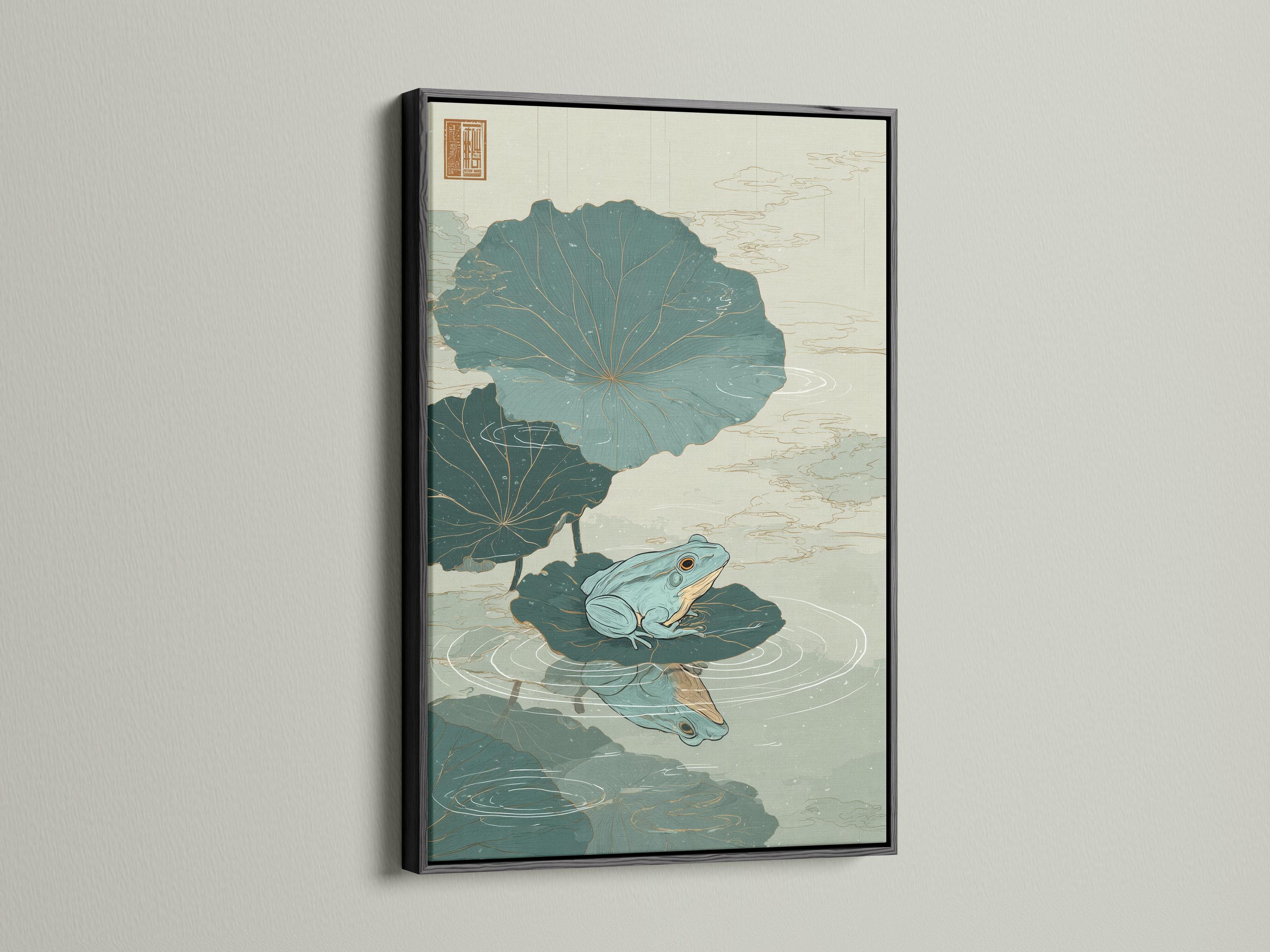 Framed pond illustration with lily pads and two frogs on a wall mockup