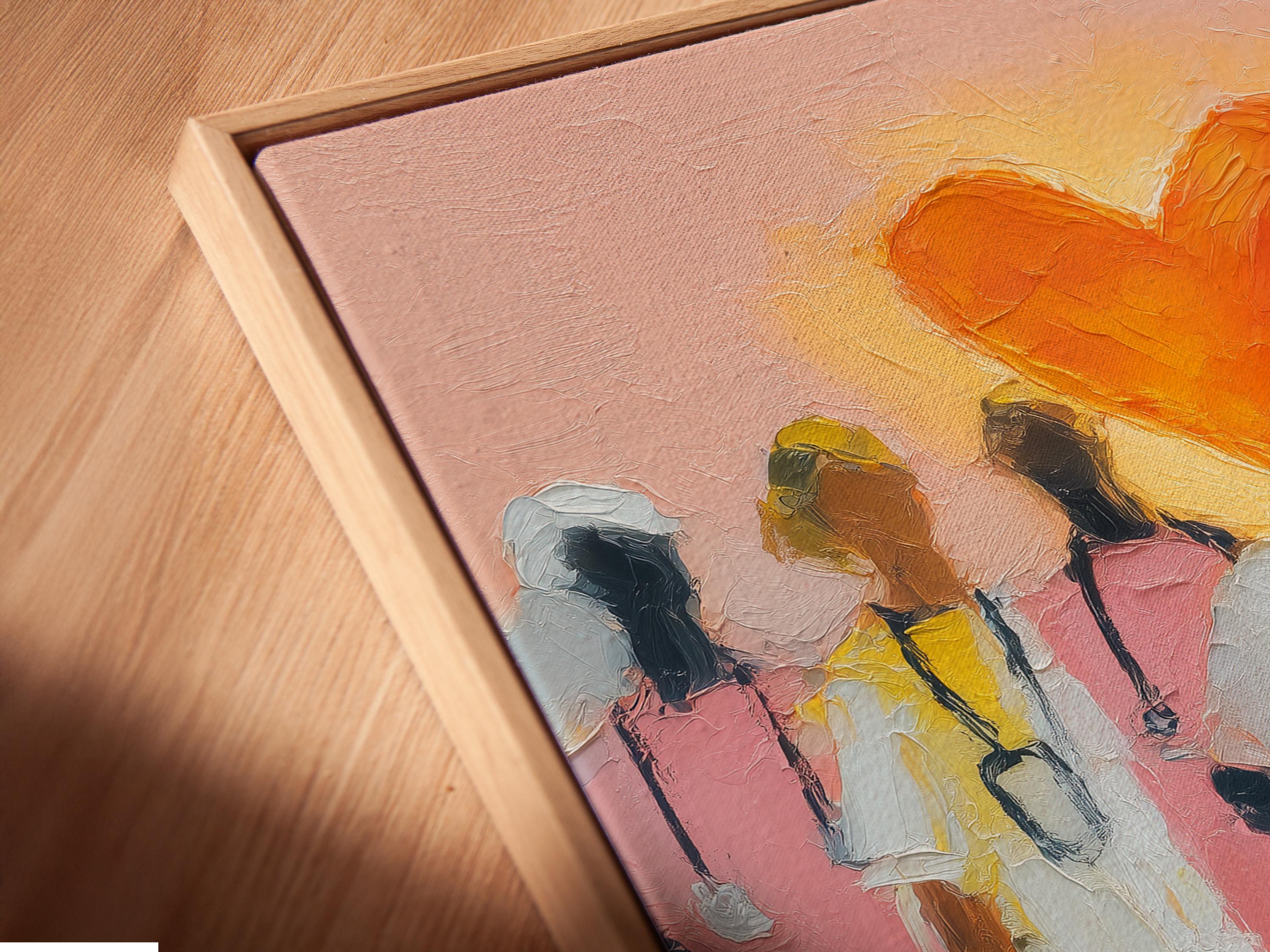 Orange heart above stylised healthcare worker figures on a pink painterly background detail view