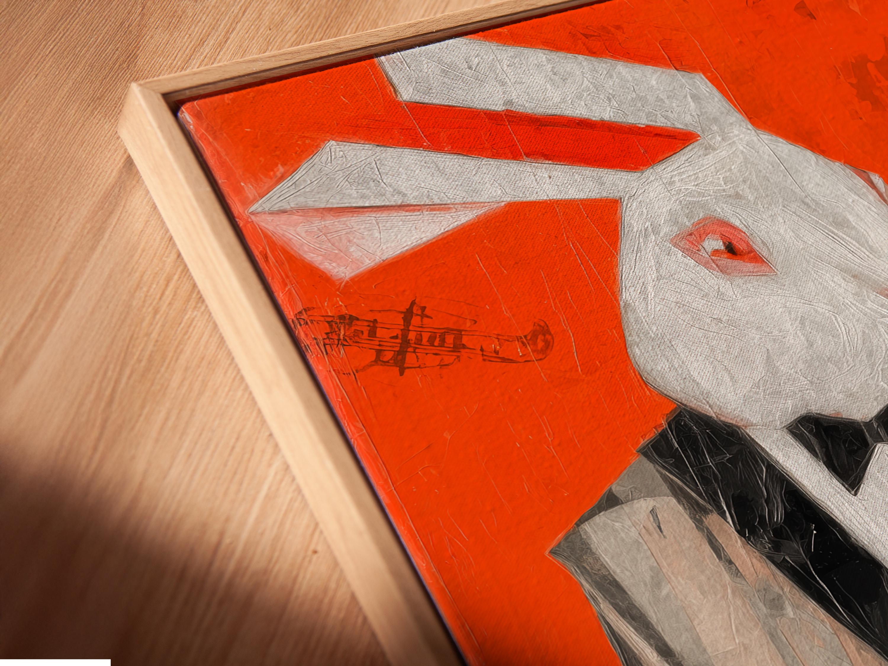 Orange artwork of a rabbit pianist holding a martini beside a piano with music notes detail view