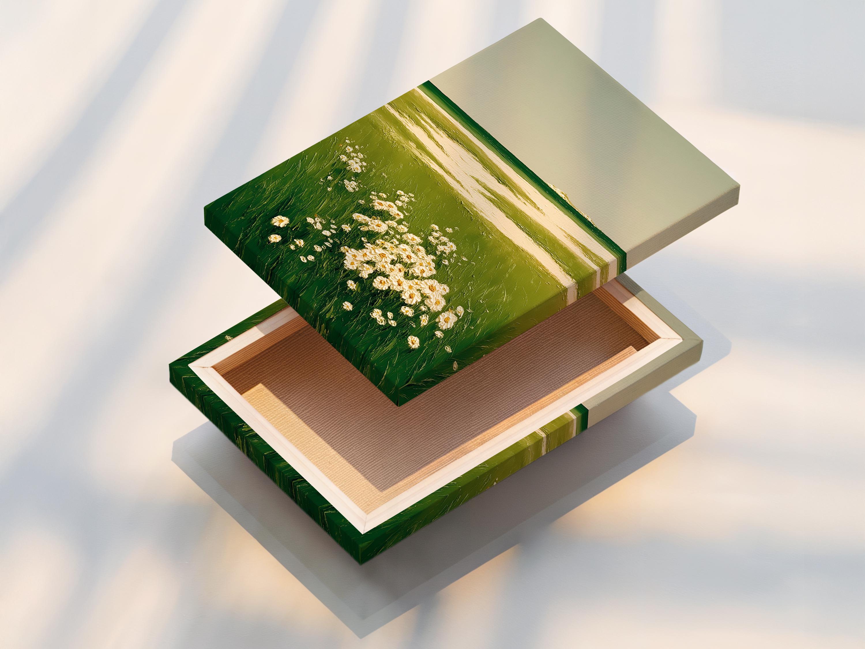 A framed landscape artwork on a light background wall showing green meadow grasses and cream flowers
