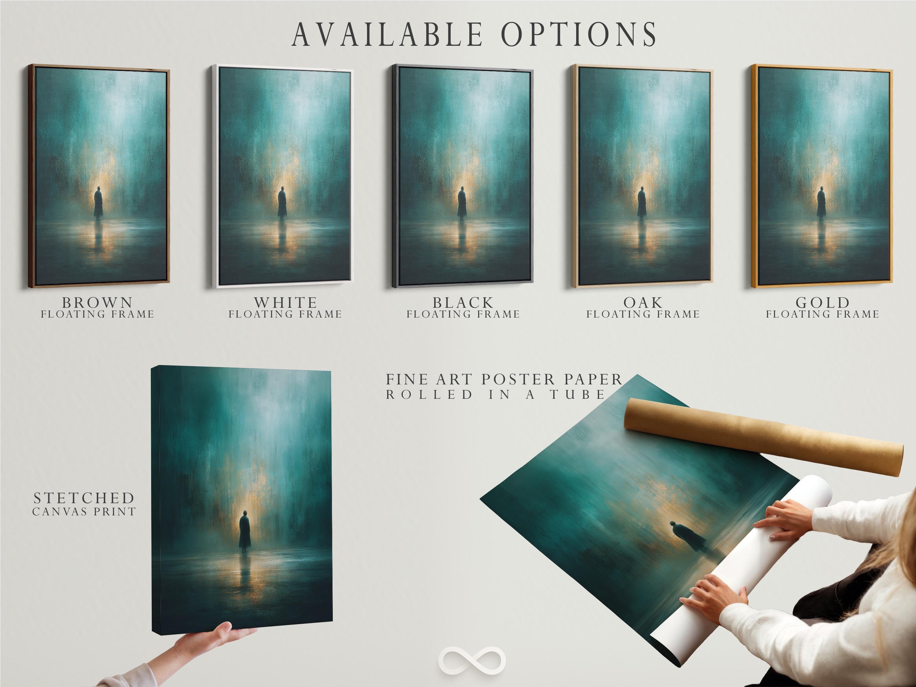 Teal and gold artwork showing a solitary figure silhouette with a warm glow and reflection on the floor detail view