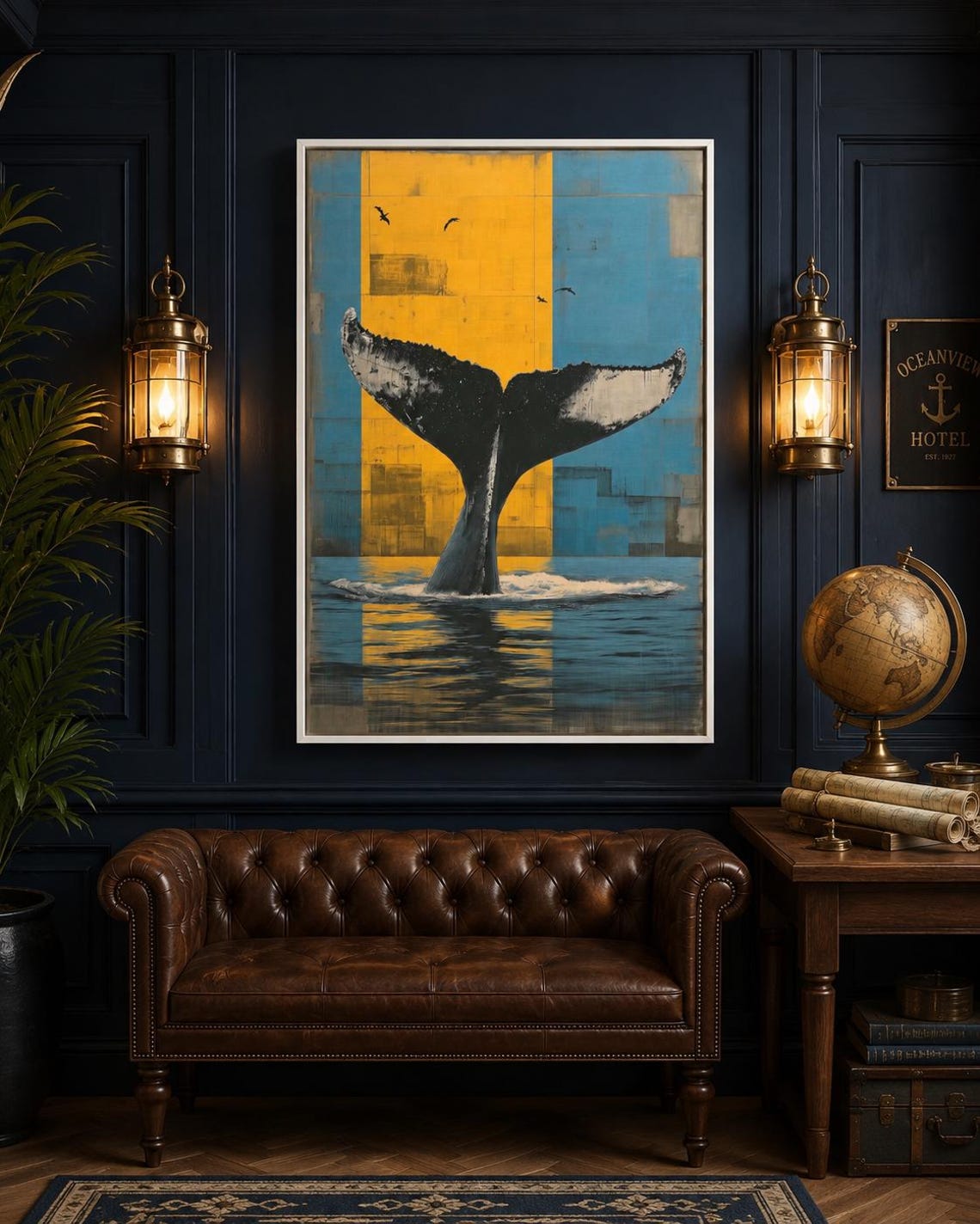 Room mockup showing framed whale tail ocean artwork above a sofa by windows