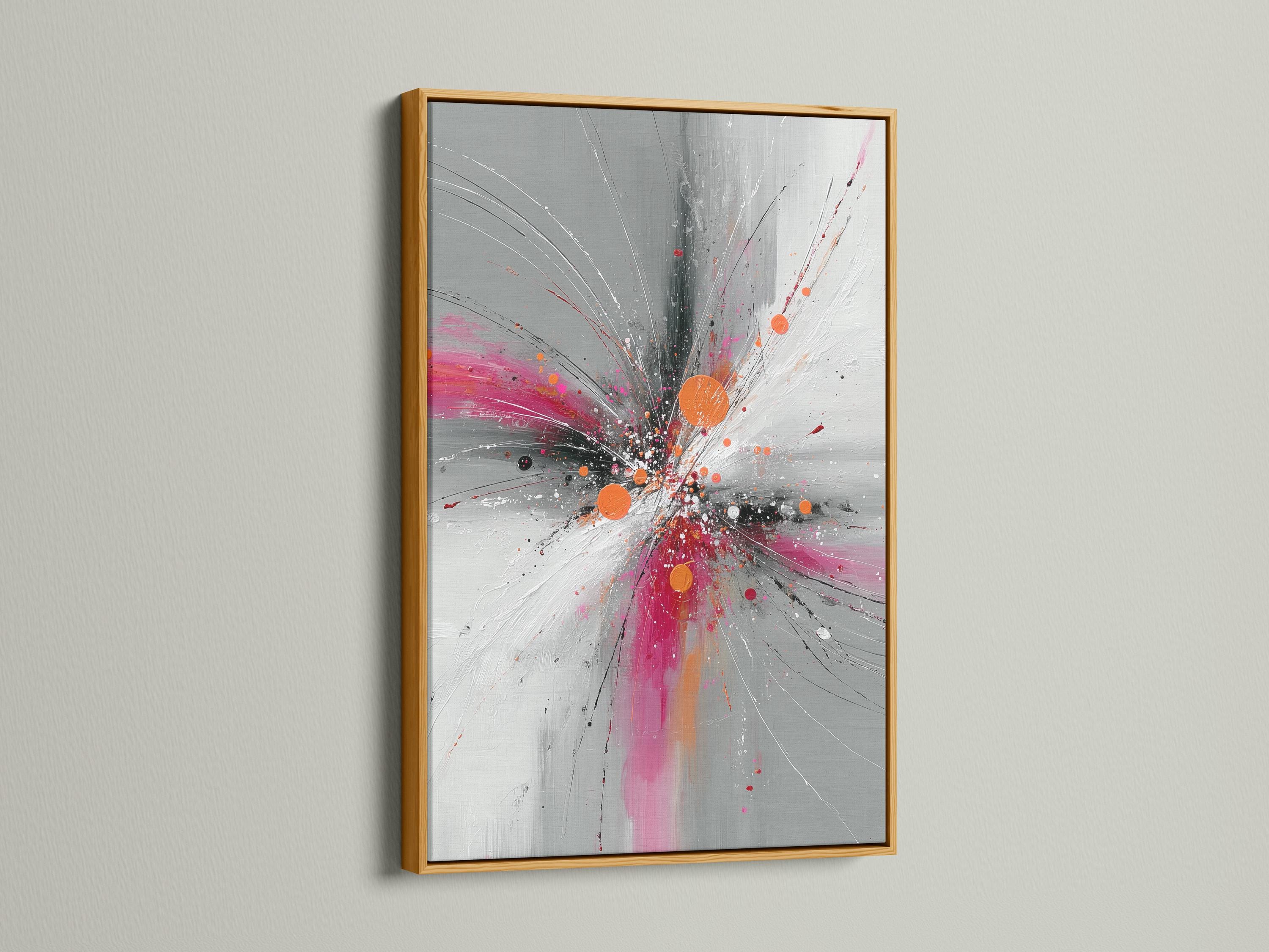 Abstract burst artwork with radiating grey and white lines, pink splashes and orange circular accents detail view