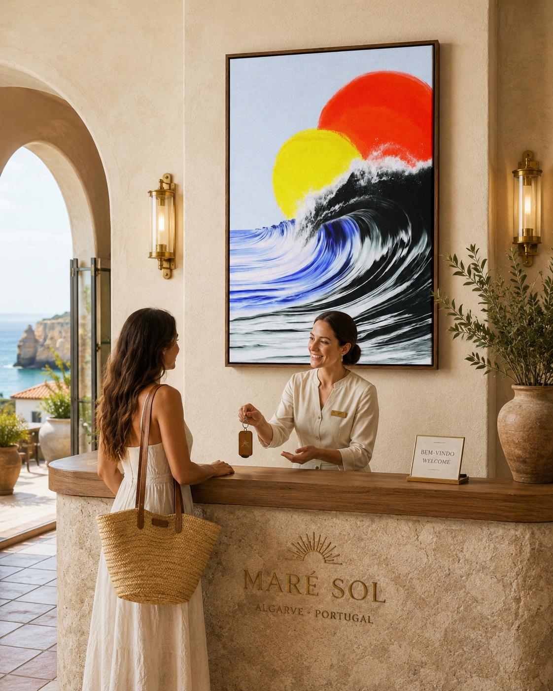Room mockup showing a framed abstract ocean artwork on a wall near an open window and lounge area