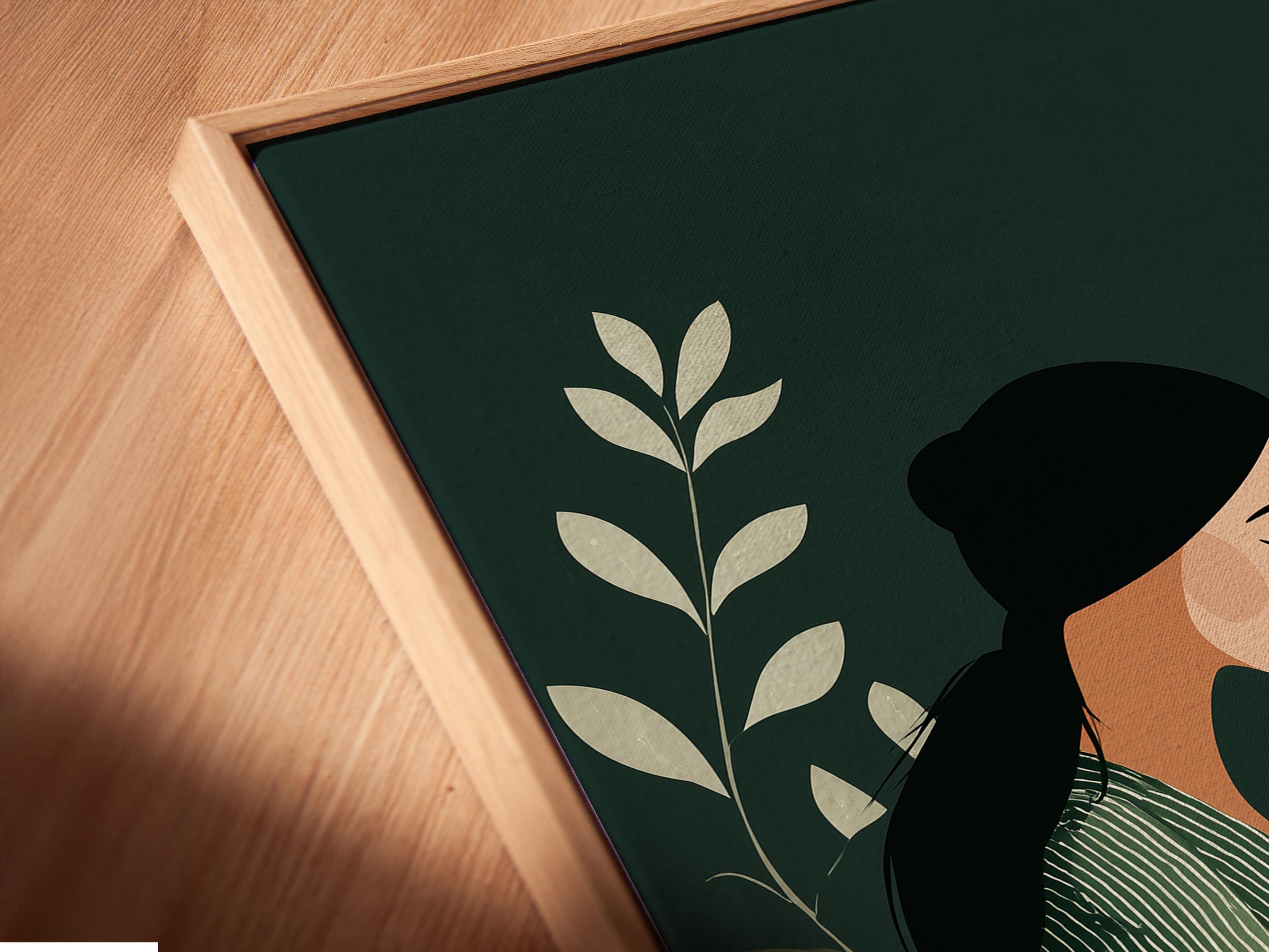 Room mockup showing a framed sage green botanical reading illustration on a wall