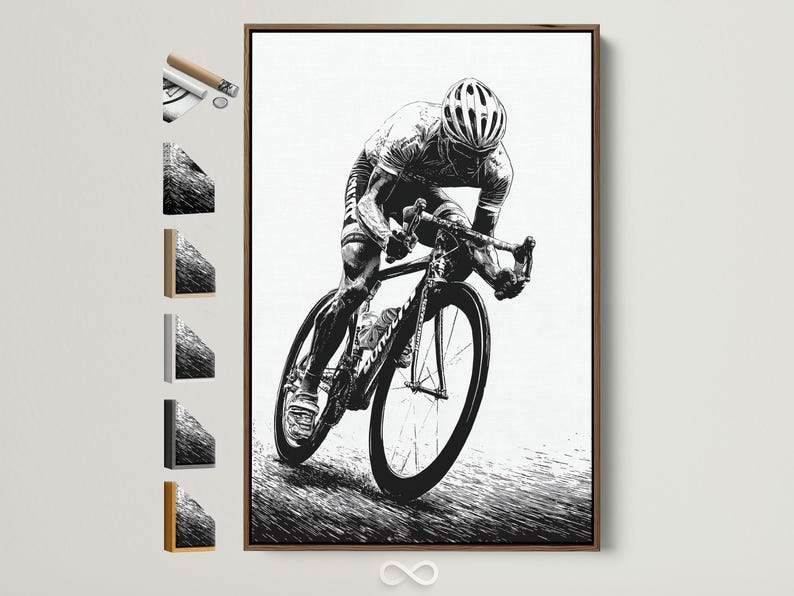 Black and white illustration of a helmeted cyclist riding a bicycle in motion