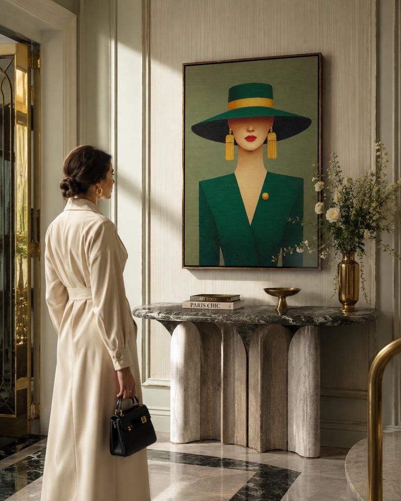 A stylised portrait of an elegant woman in a wide-brim hat, shown against a muted green background with gold accents and Art Deco-inspired shapes