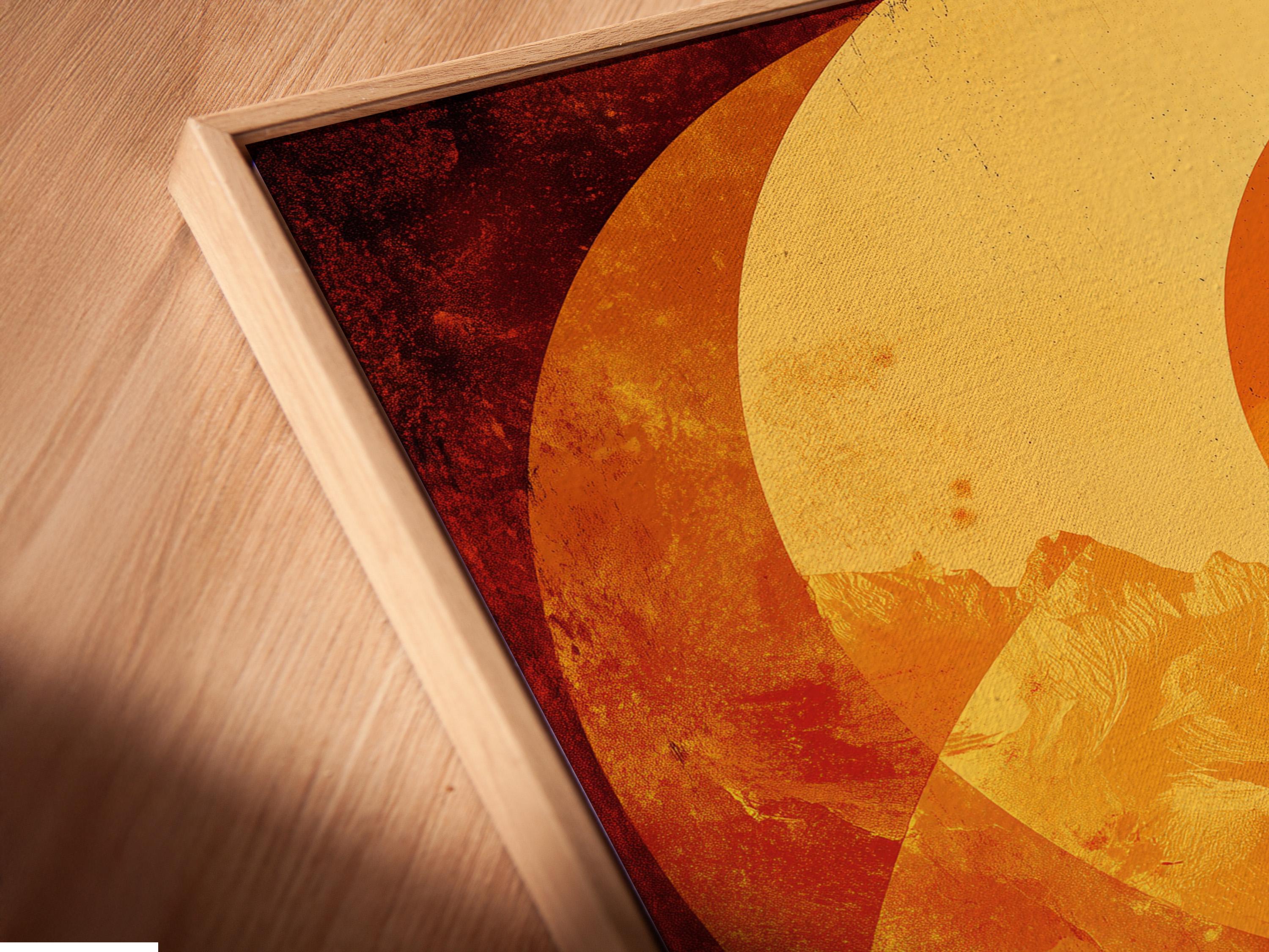 Warm orange and gold geometric arch artwork with a diagonal staircase and a dark silhouetted figure detail view