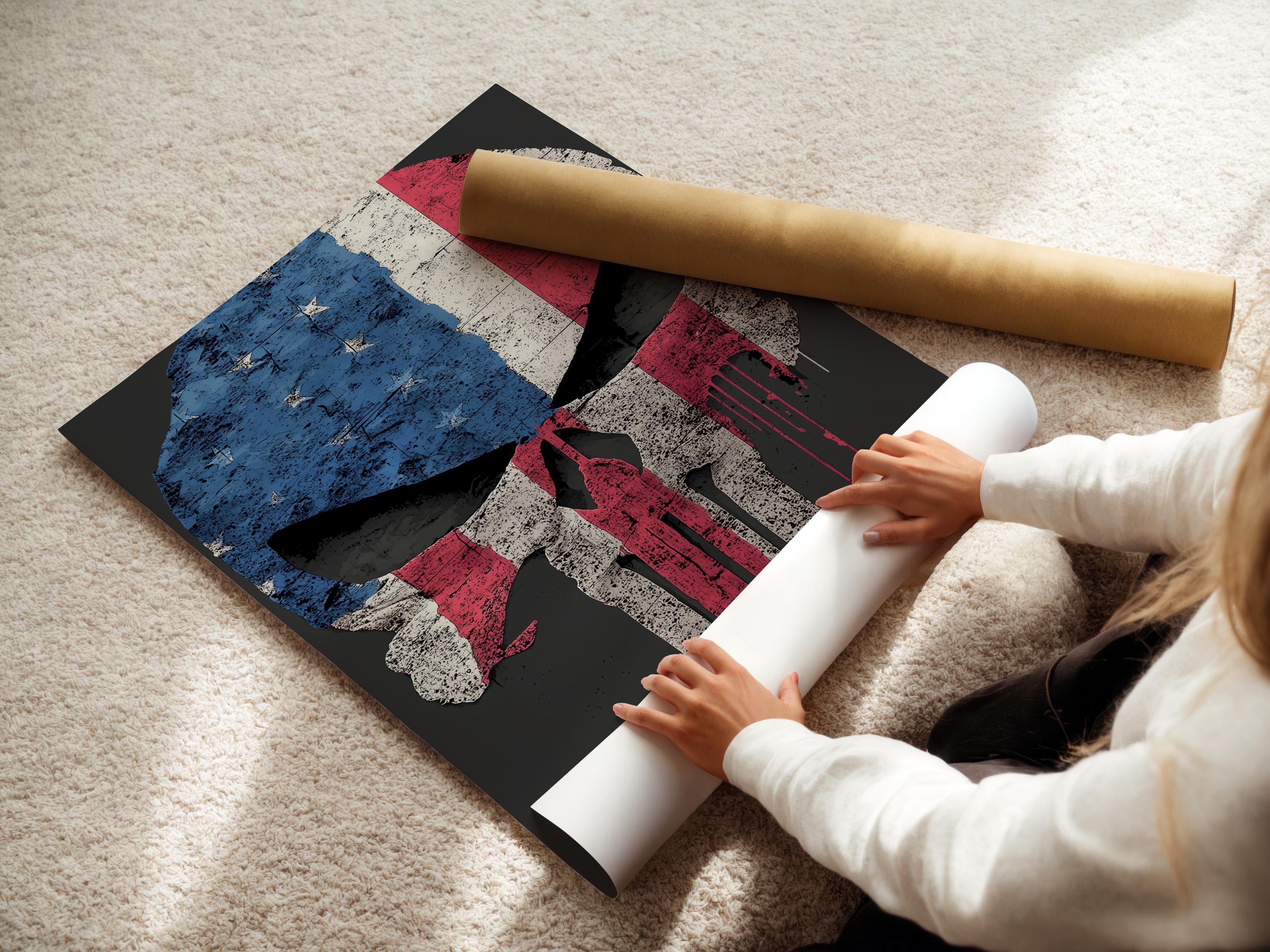 Portrait framed artwork mockup showing a distressed skull flag design