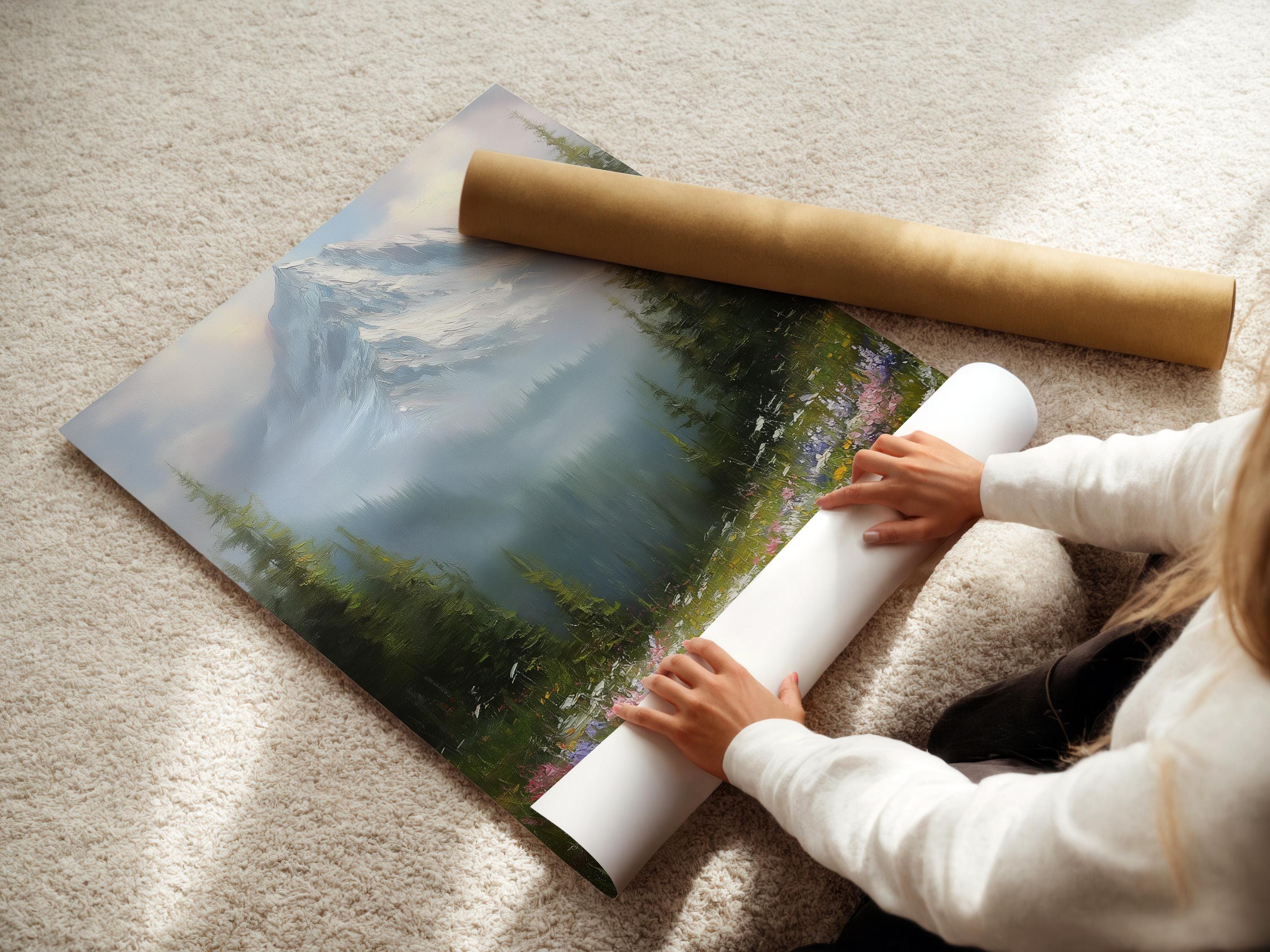 Wall mockup featuring a framed snowy mountain landscape with wildflowers and forest trees