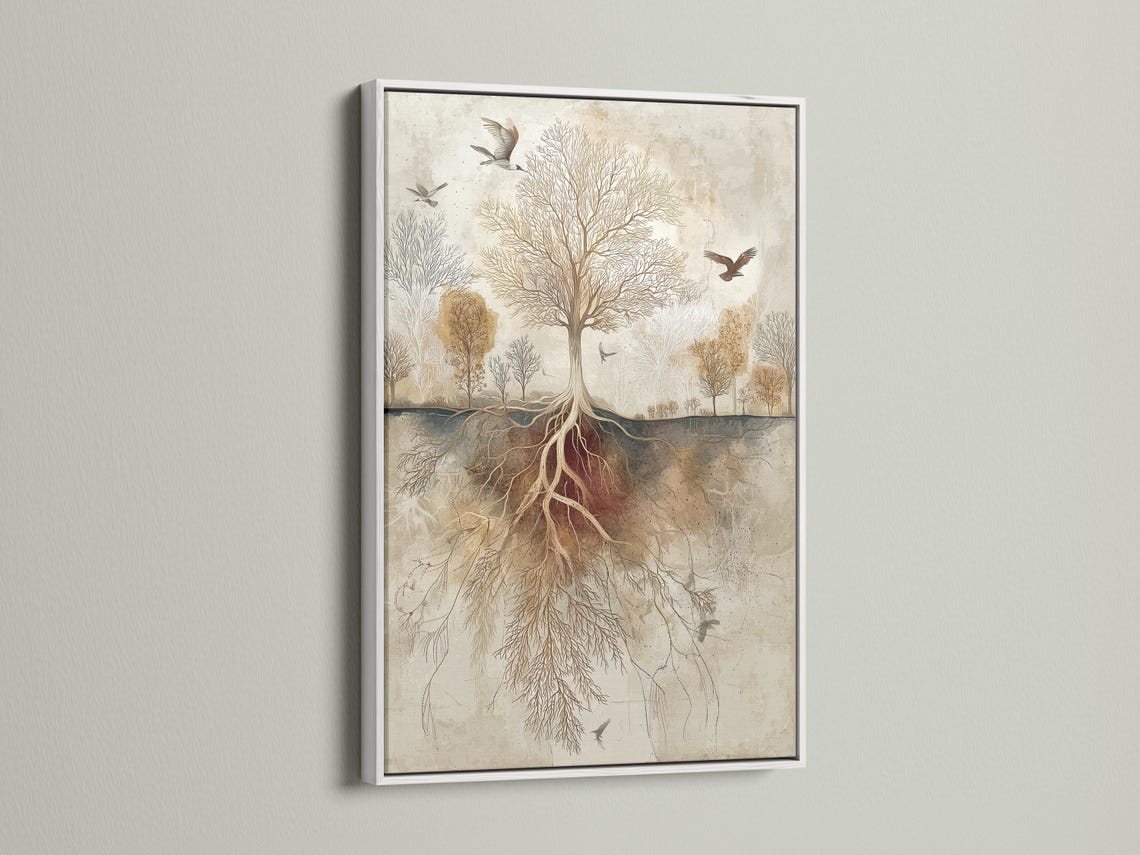 Beige tree-of-life botanical illustration with exposed roots and birds flying detail view