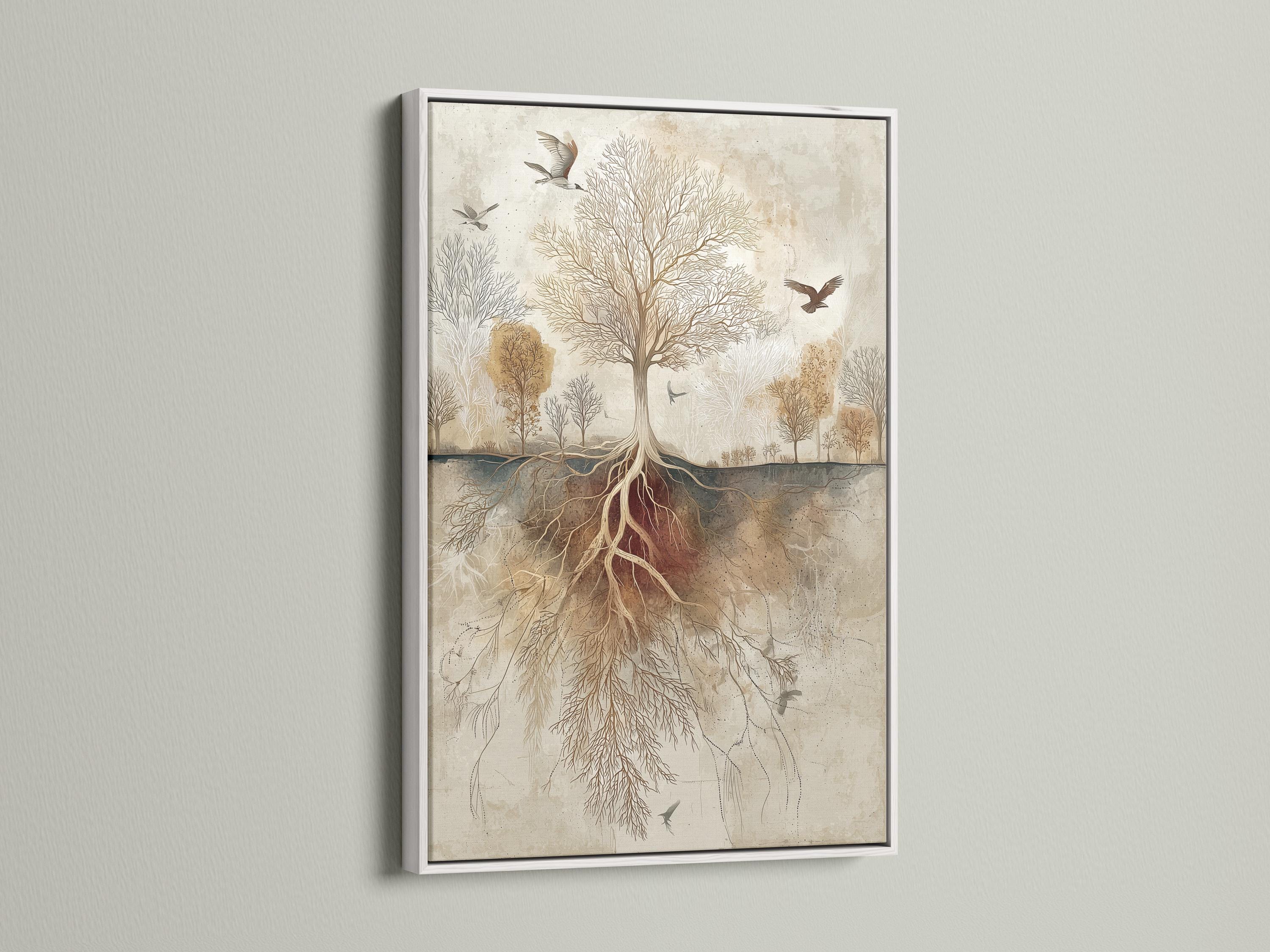 Beige tree-of-life botanical illustration with exposed roots and birds flying detail view
