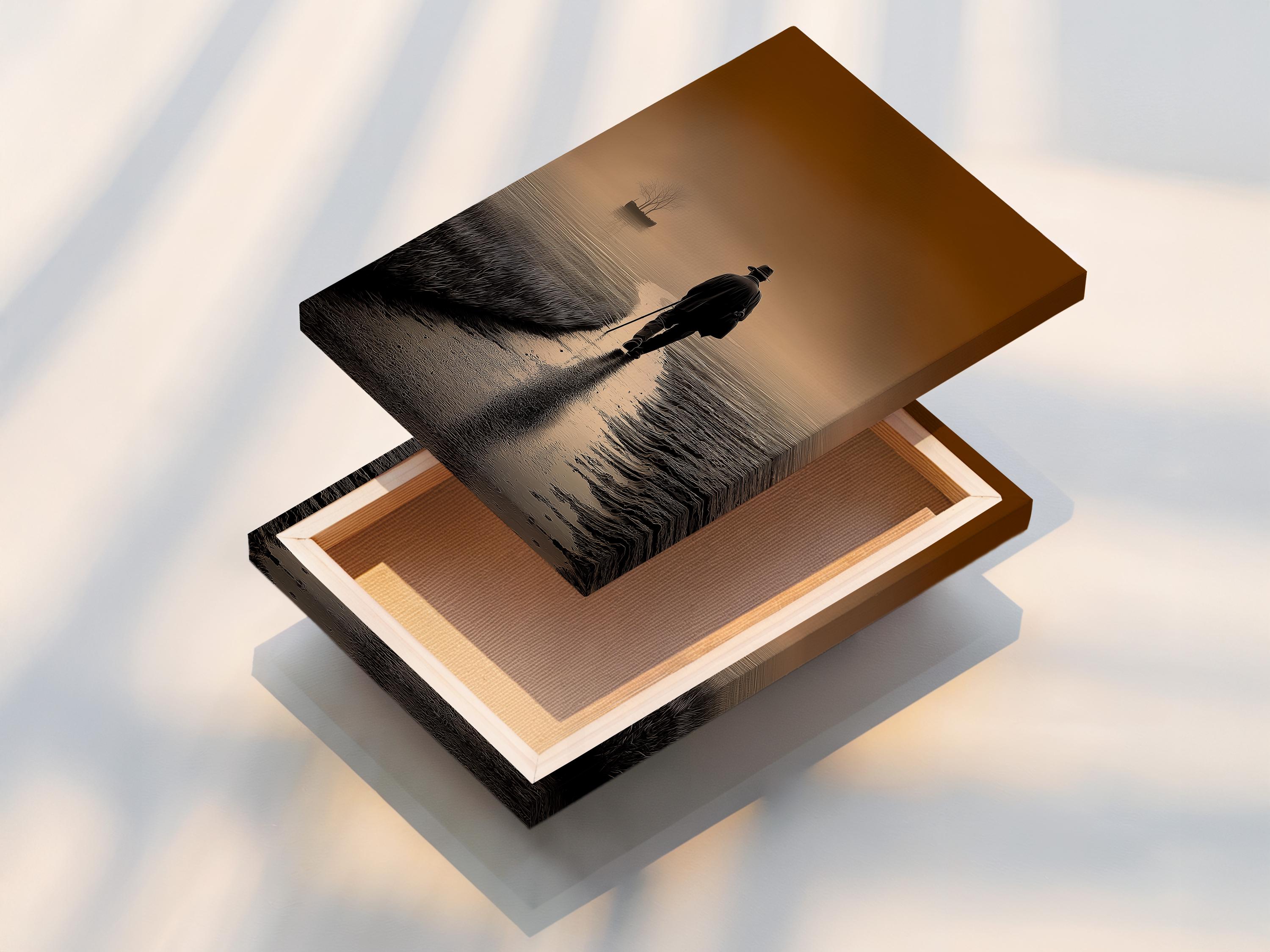 Warm brown and beige seascape with a lone walker on a rippled shoreline and a leafless tree on the horizon detail view