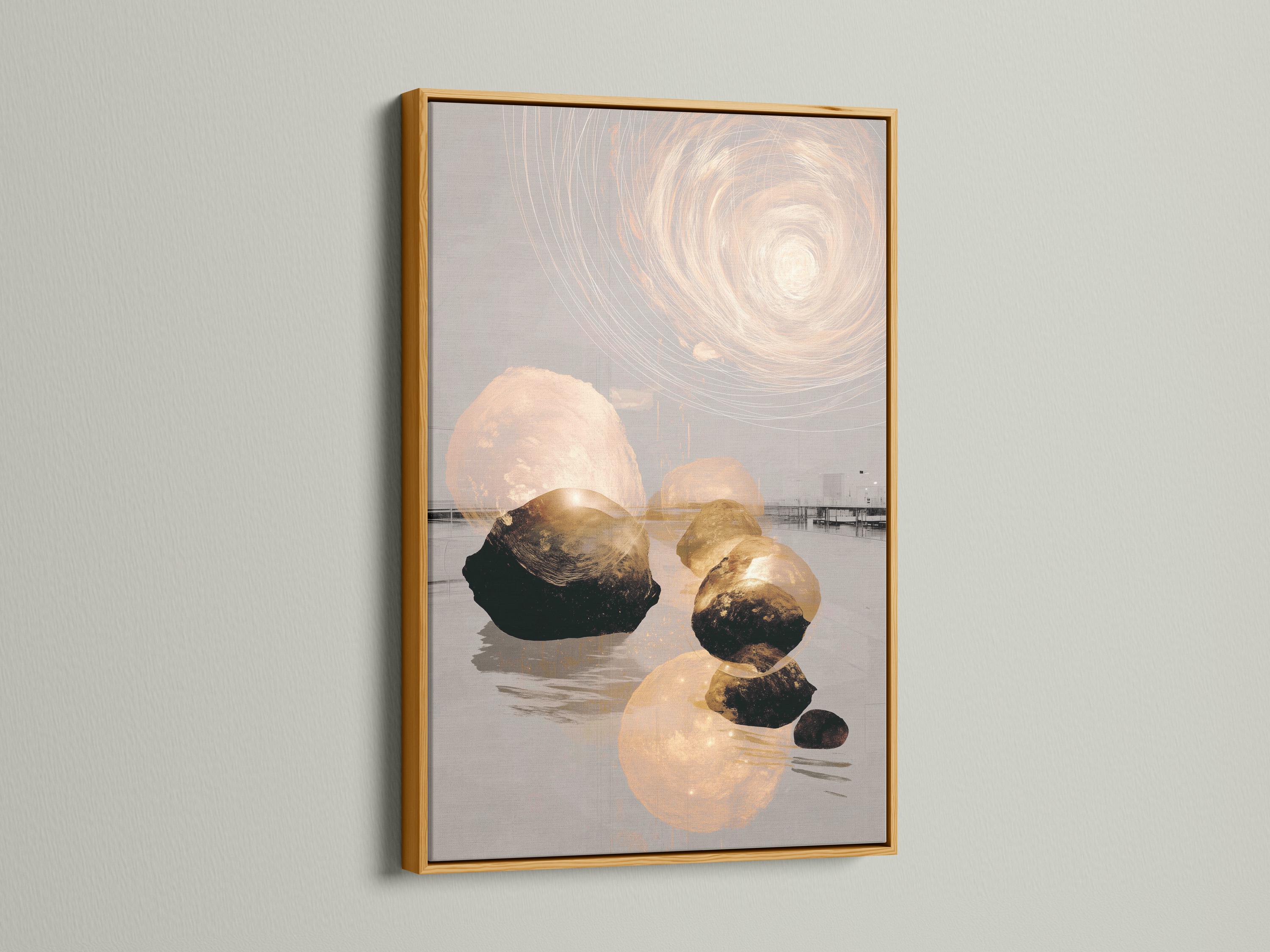Neutral abstract stone landscape with a pale circular swirl and subtle gold accents detail view