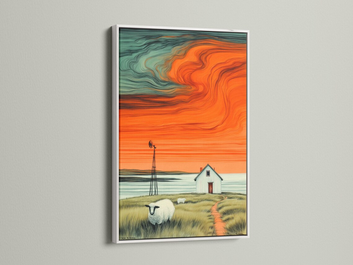 Sheep in tall grass in front of a windmill and small house under an orange sunset sky detail view
