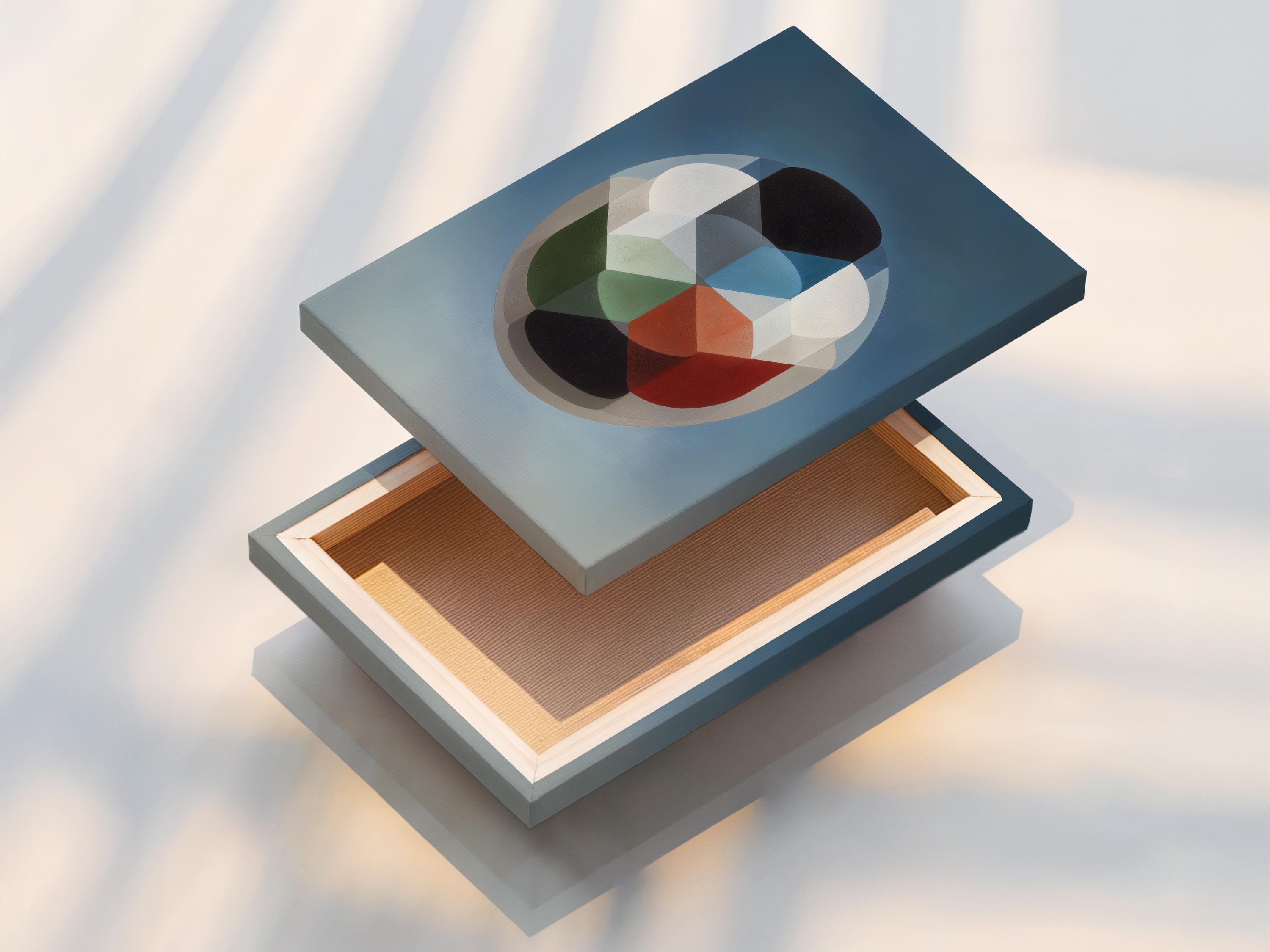 A blue geometric composition features a central rounded cluster of overlapping blocks and circles in cream, grey, dark charcoal, and warm red accents