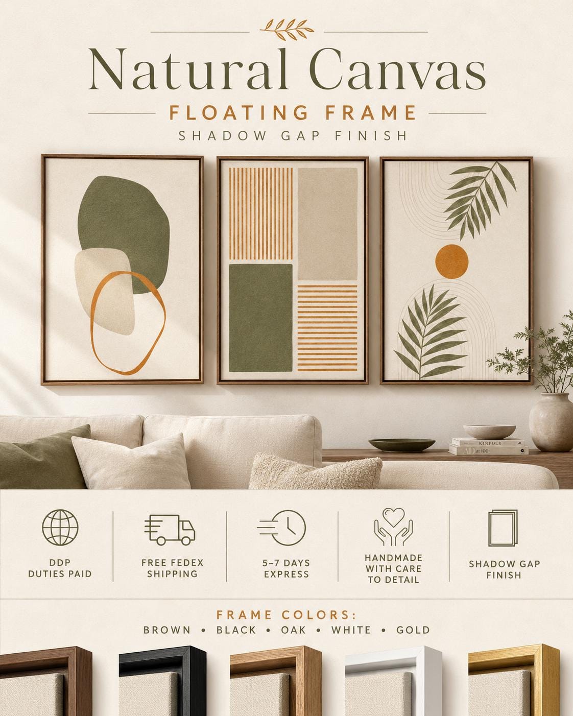 A set of three framed botanical-style artworks shows abstract leaf shapes, geometric blocks and lines in muted greens and terracotta on light detail