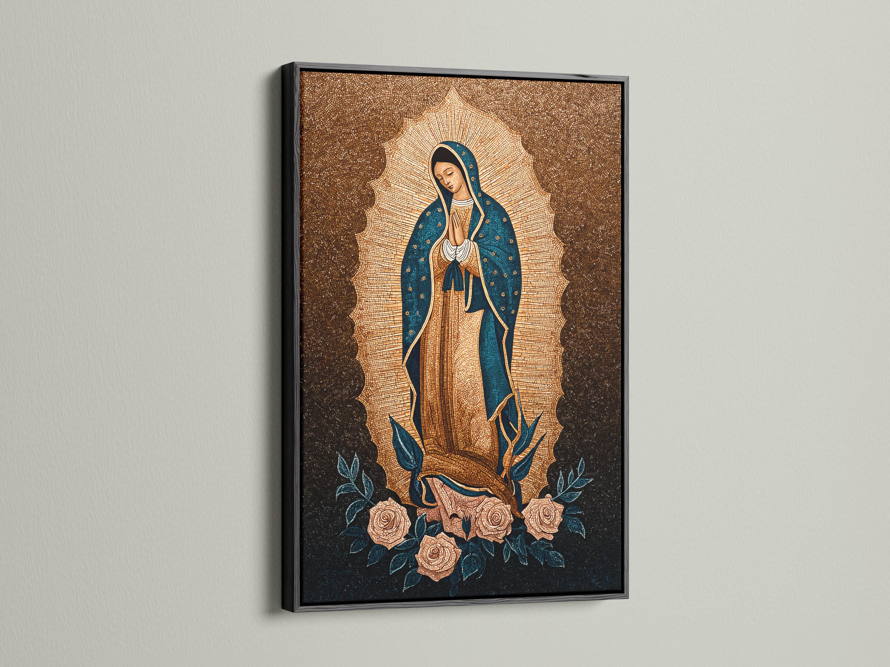 Woman praying beside a framed Virgin Mary portrait on a wall above a table with candles and flowers