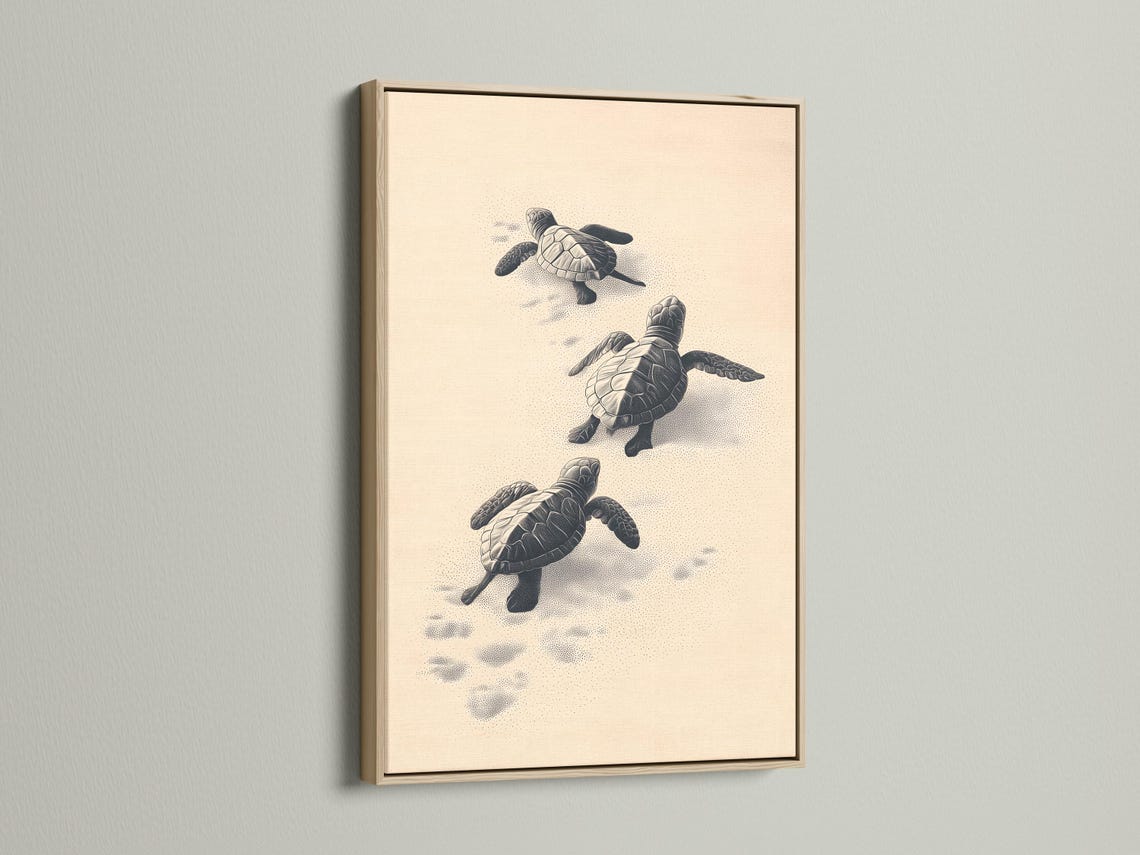 Illustrated sea turtles in charcoal tones on a warm beige background with dotted sand texture detail view