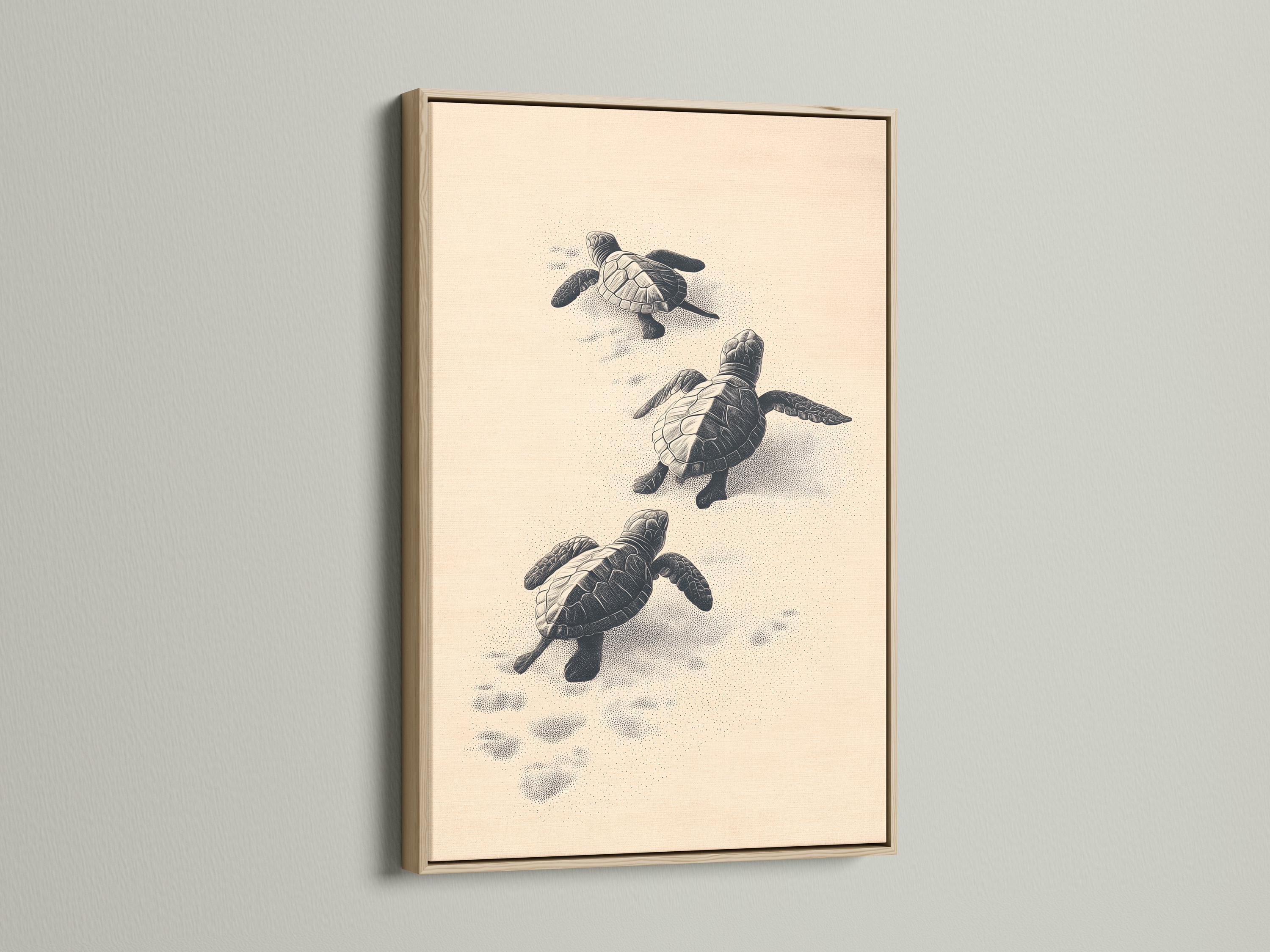 Illustrated sea turtles in charcoal tones on a warm beige background with dotted sand texture detail view