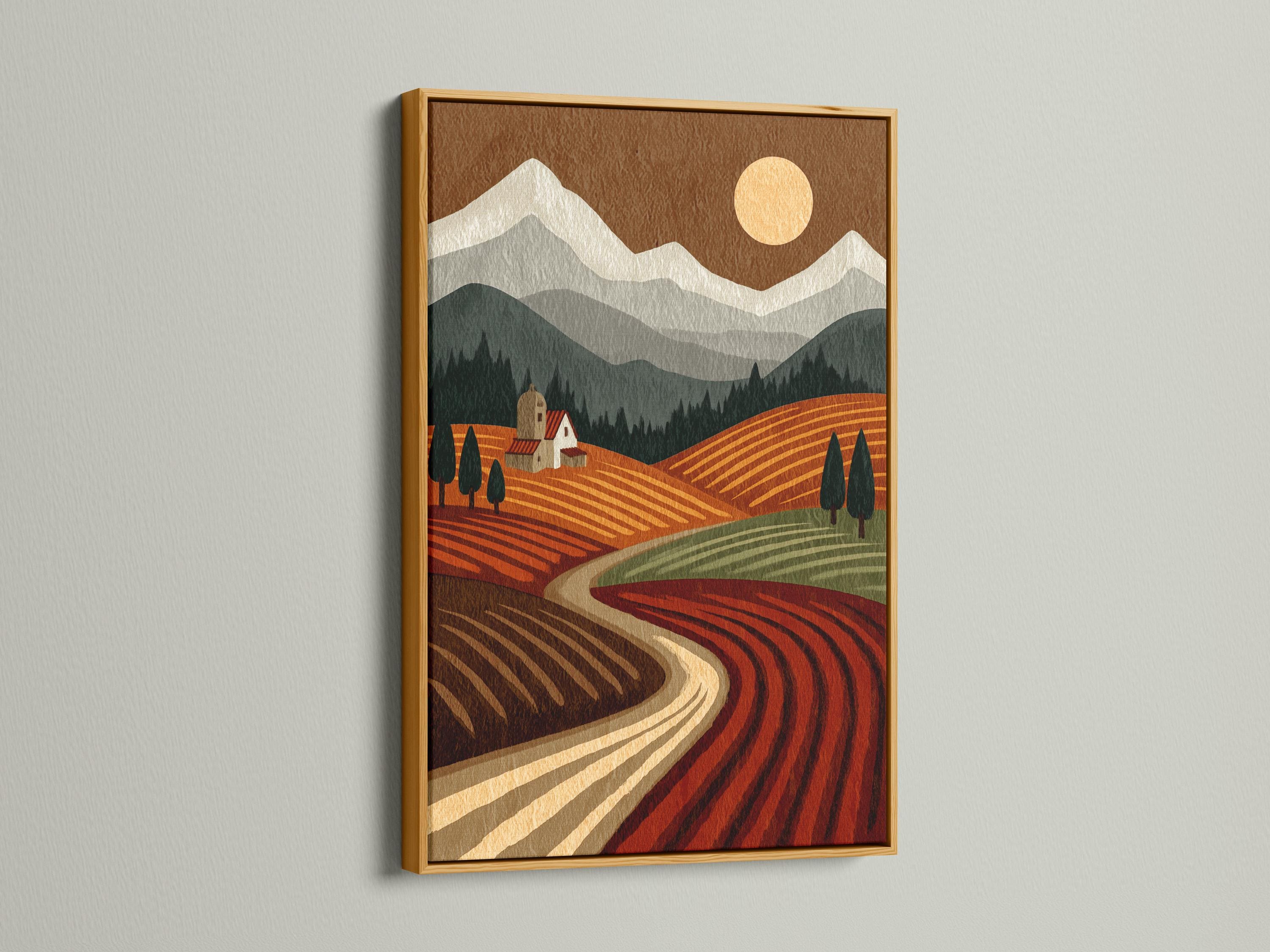 Stylised countryside landscape with terraced fields, farmhouse, trees, mountains and a warm sun detail view