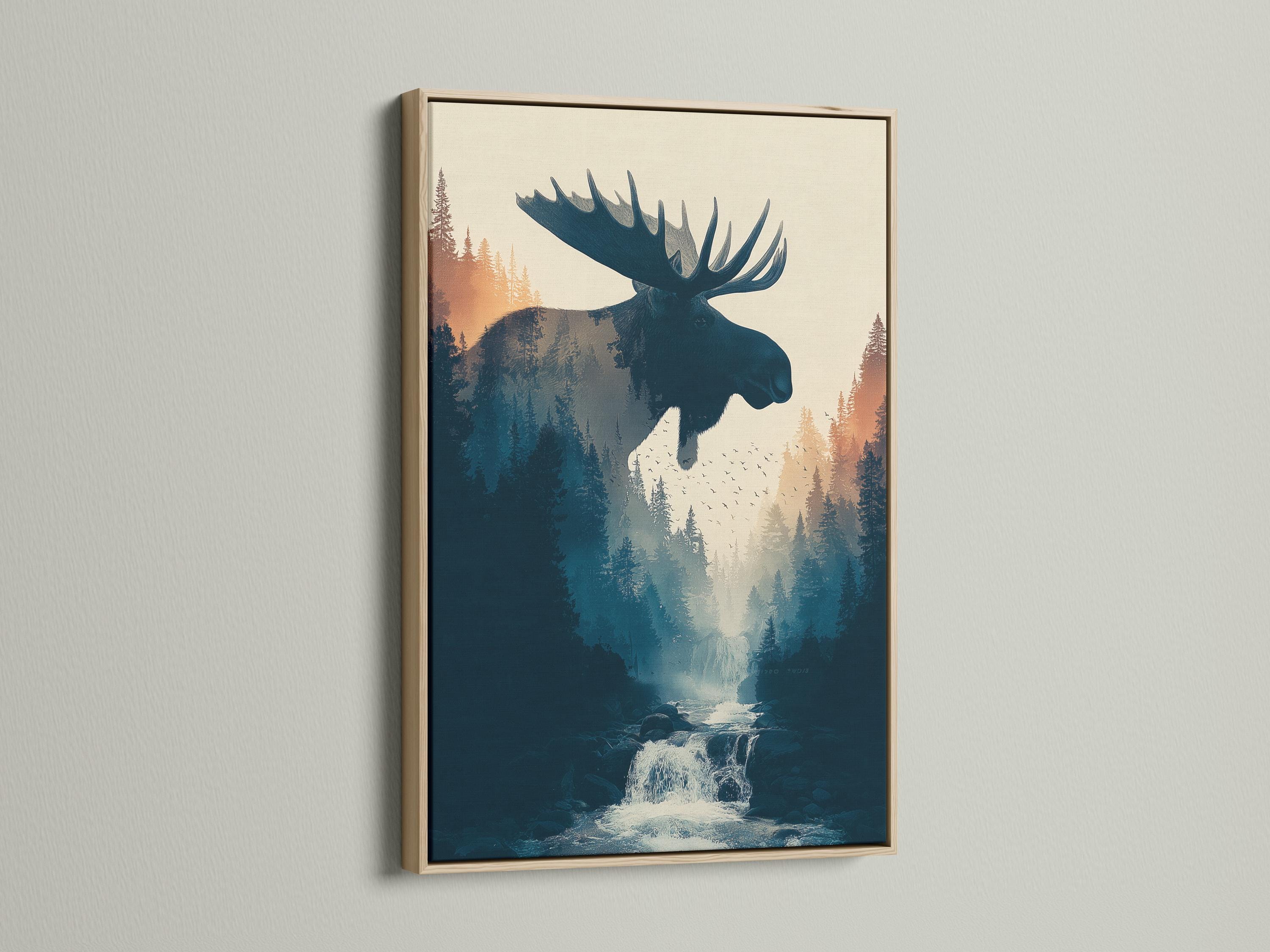 Moose silhouette in a misty pine forest with birds and a stream waterfall detail view