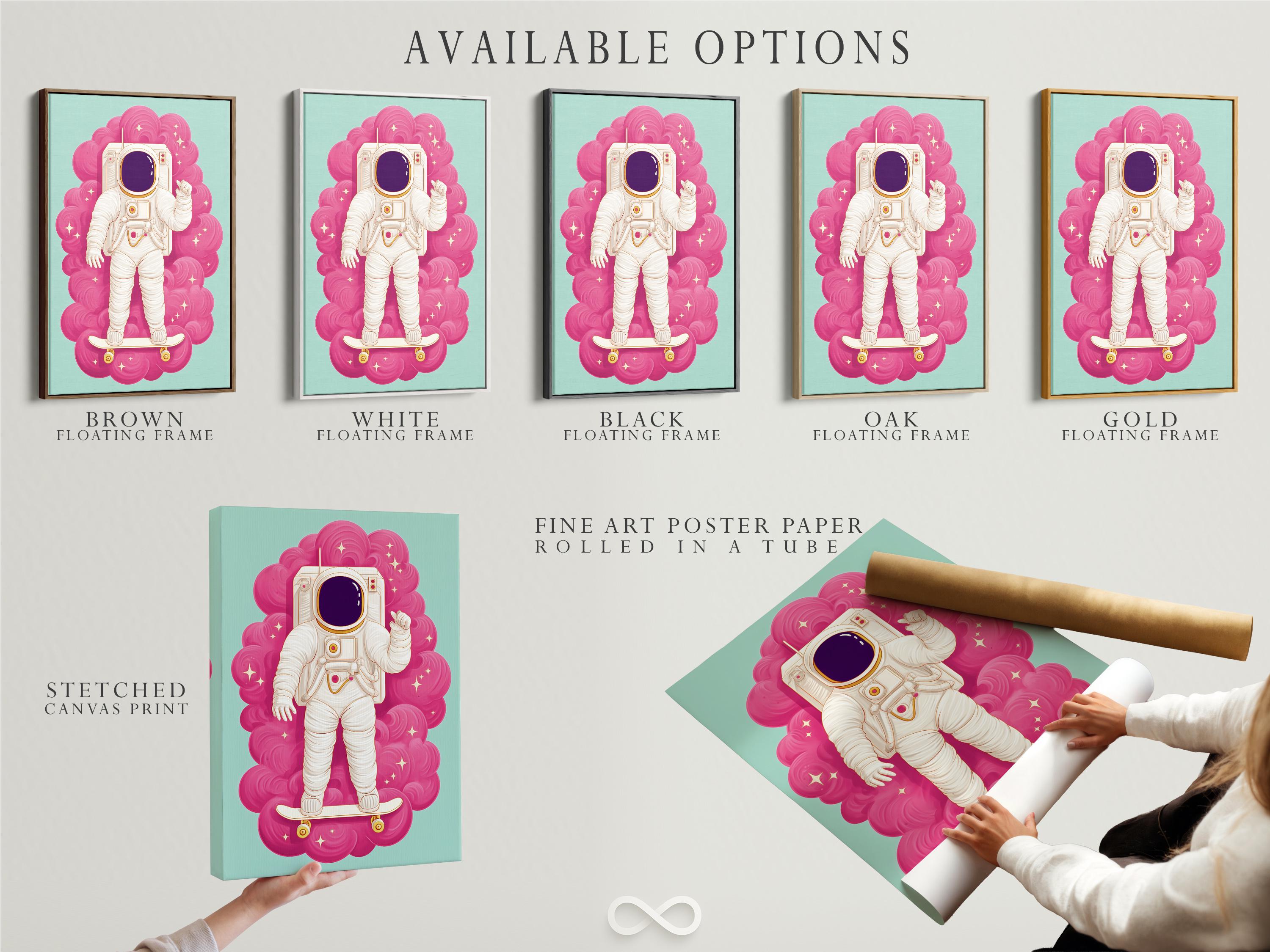 Cartoon astronaut standing on a skateboard with a hot pink cloud swirl background detail view