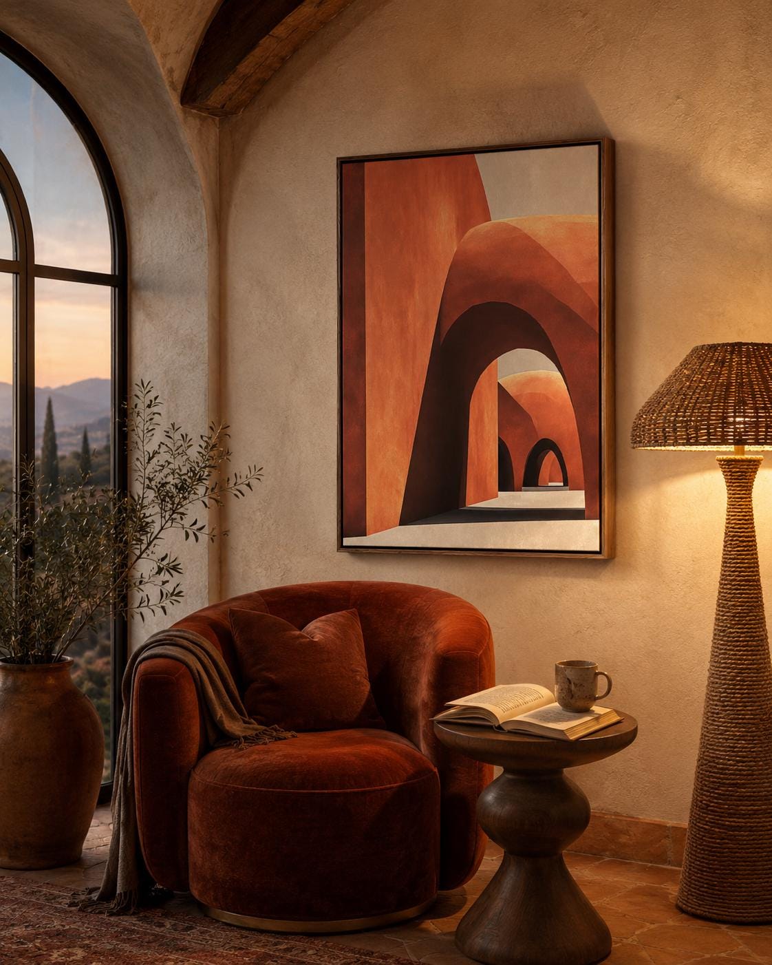 Abstract geometric archway artwork in terracotta, cream and dark outlines detail view