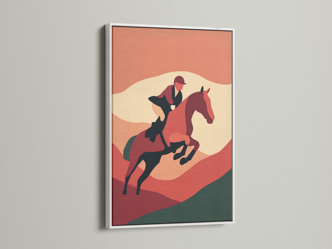 Room mockup showing framed horse and rider artwork in terracotta tones