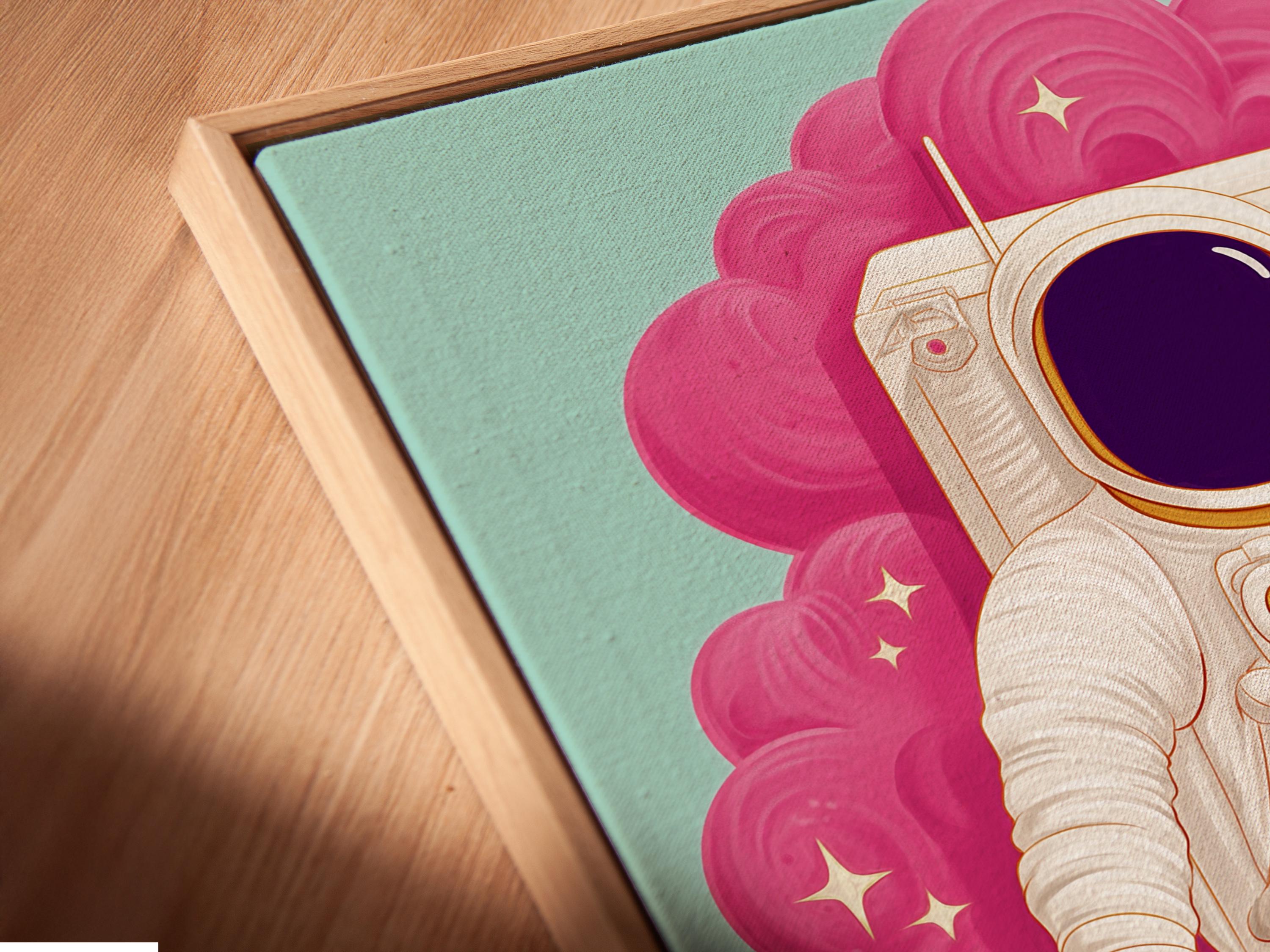 Cartoon astronaut standing on a skateboard with a hot pink cloud swirl background detail view