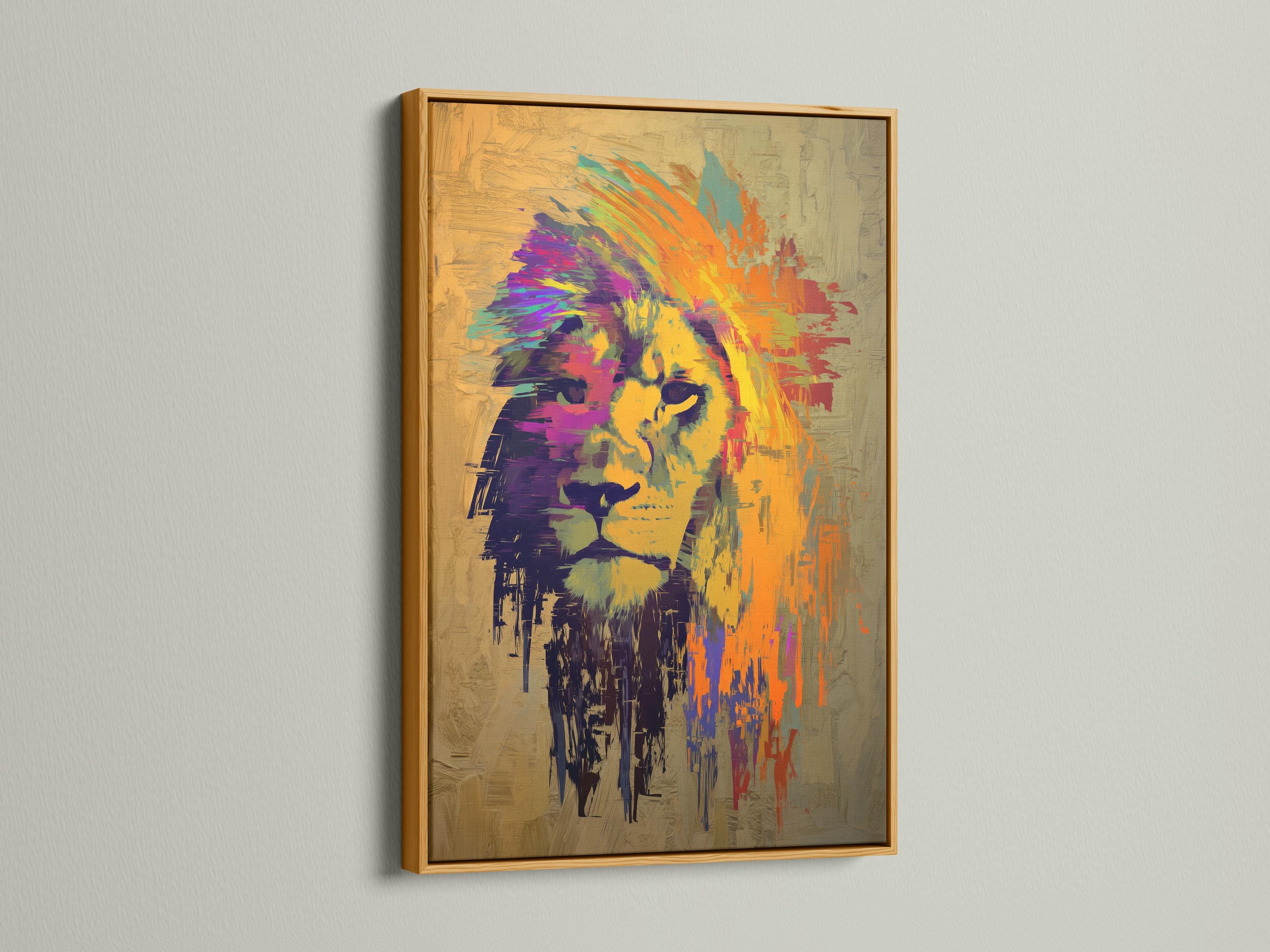 Stylised lion head artwork in warm beige with orange, purple and turquoise brush strokes detail view