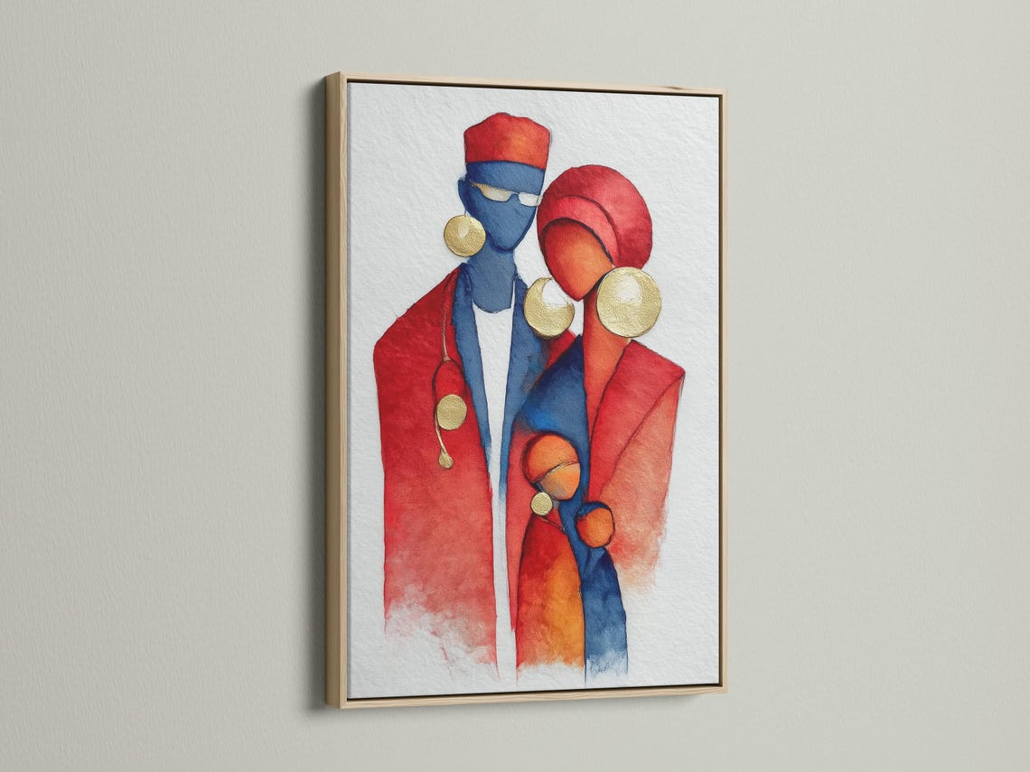 Red and blue doctor figures with gold accents in a watercolor style illustration on a light background detail view